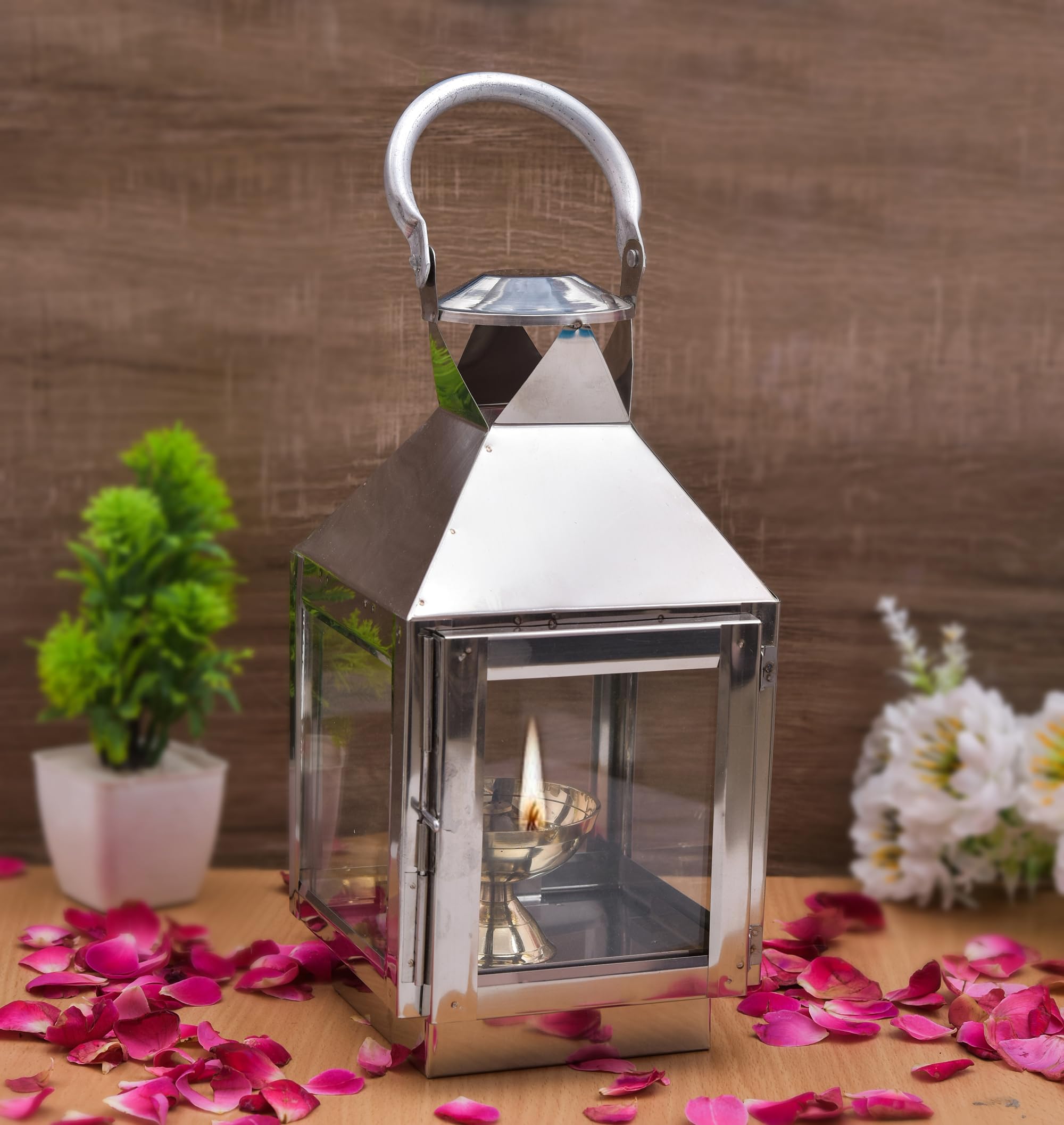 - HOUZZPLUS Handicraft Akhand Diya with Glass Cover Steel, Akhand Diya for Home Temple puja, Hanging Lantern for HomeDecor (Medium)