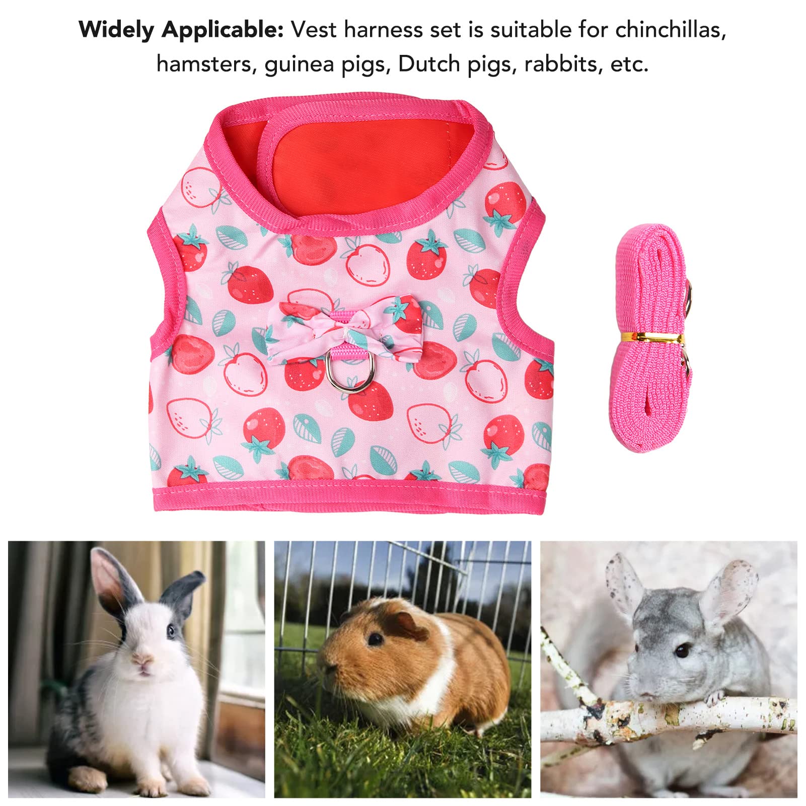Tnfeeon Harnais Souple et Laisse Ajustable pour Petits Animaux : Lapin, Cochon d'Inde, Chaton, Hamster, Furet - Motif Fraise, Respirant et Confortable