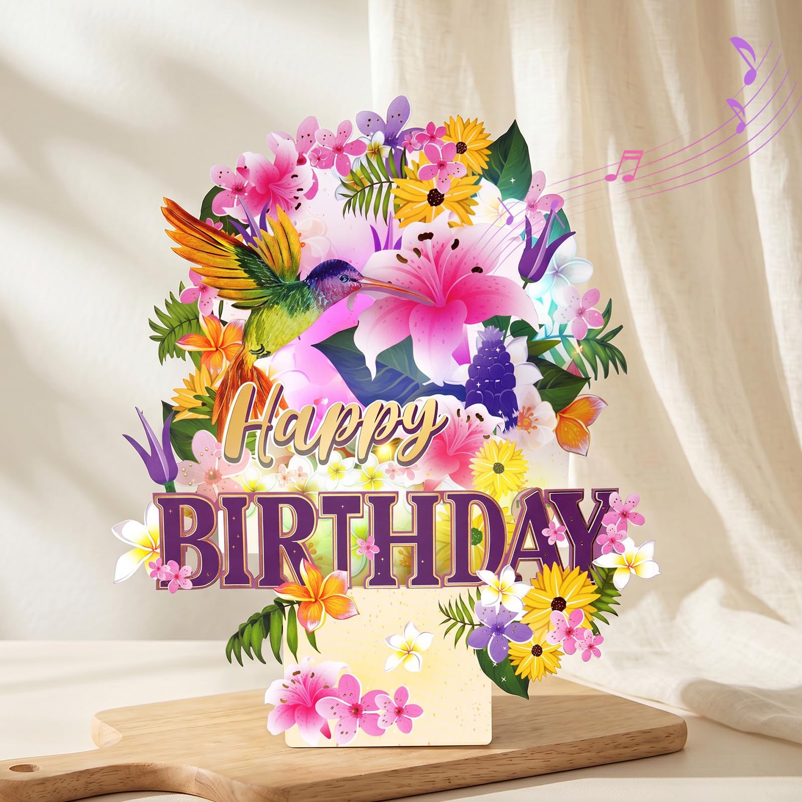 Musical Birthday Card, Hummingbird & Lily Bouquet Pop-up Card for Women