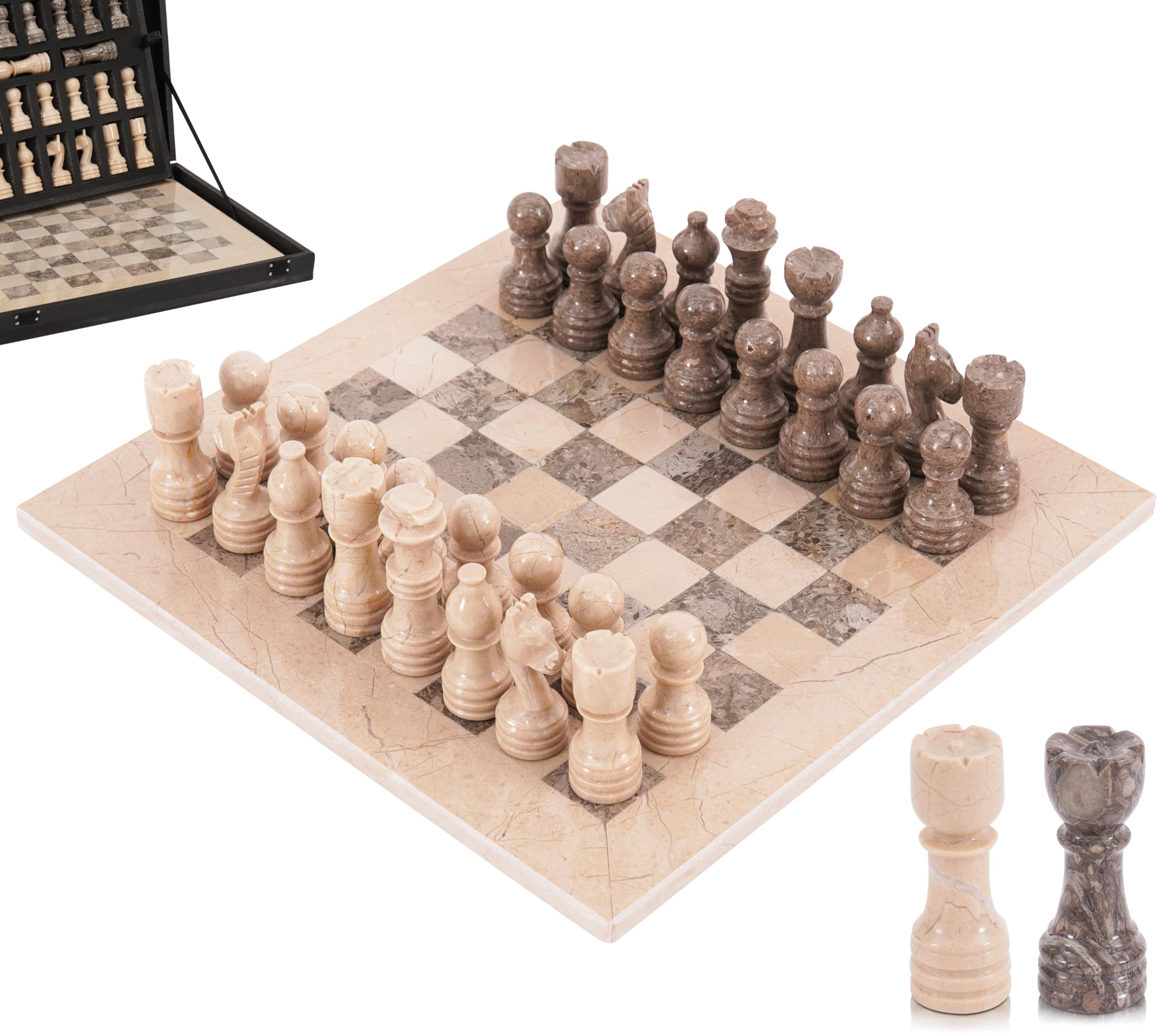 Set di scacchi in marmo, 30,5 cm, Verona e Oceanic, fatto a mano, con scatola portaoggetti, classico set di scacchi da viaggio per adulti con pezzi di scacchi e 2 regine extra, regalo elegante e