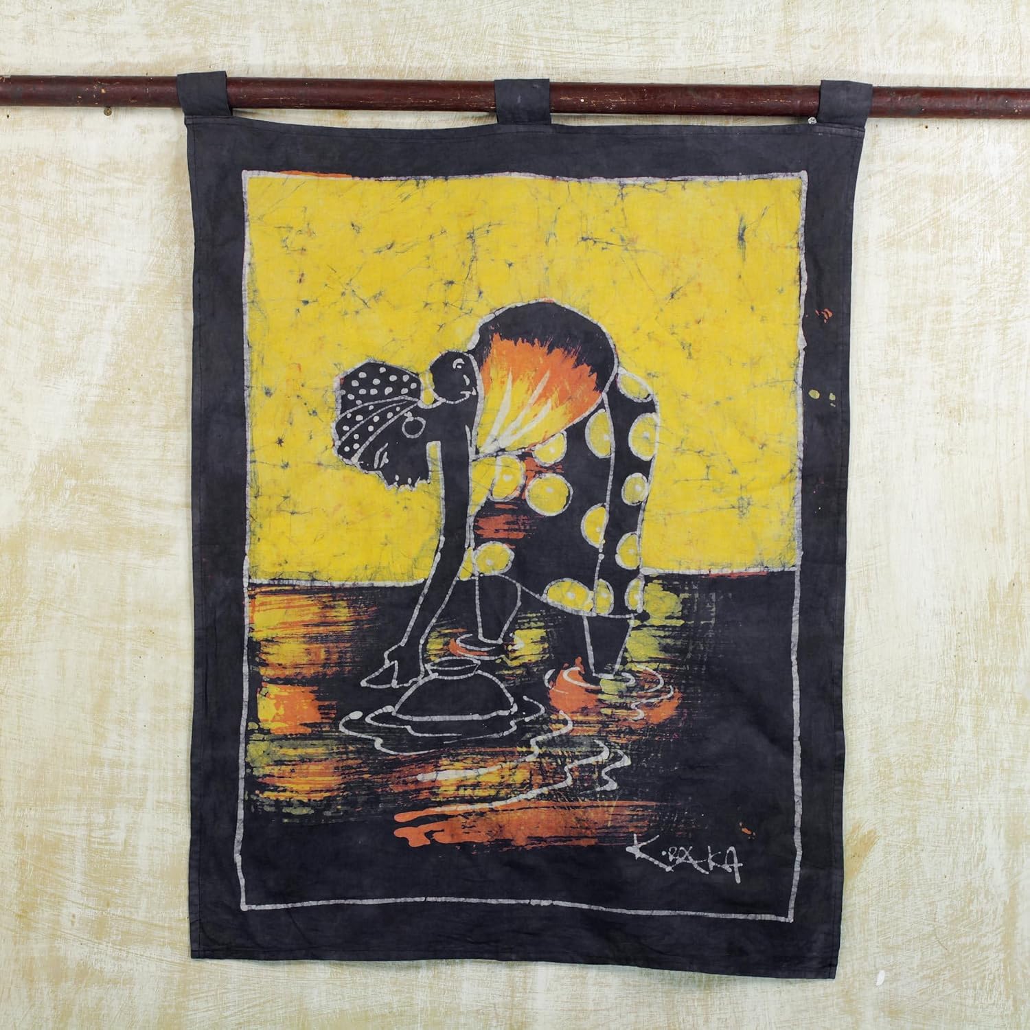 NOVICA Handmade Woman At The Lake Batik Wall Hanging