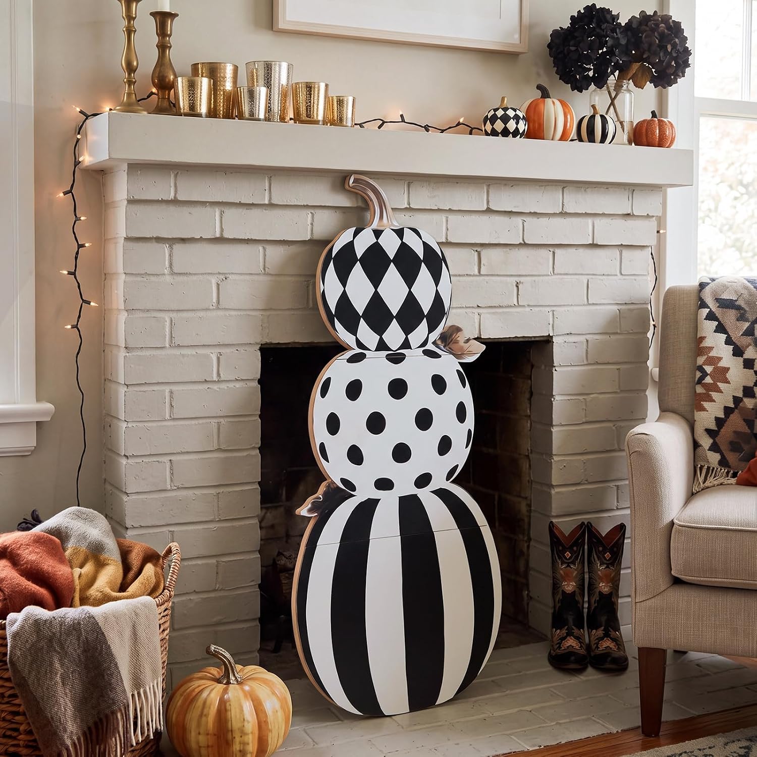 Amyhill 35" Black White Stacked Pumpkin Porch Decor Wood Fall Pumpkin Sign
