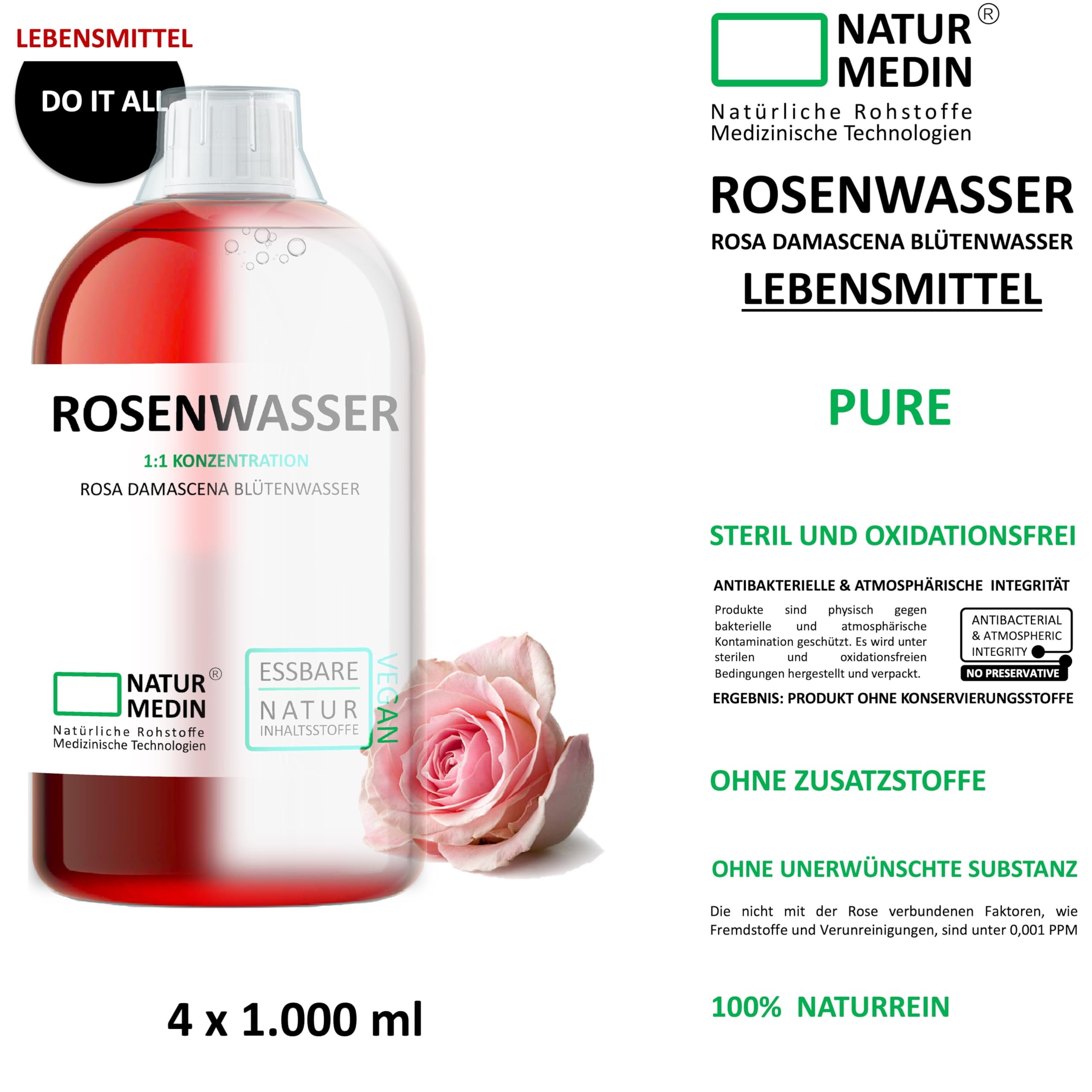 4.000 ml ESSBARES ROSENWASSER – Typ : Do-It-All – (4x1.000ml) NATURMEDIN®