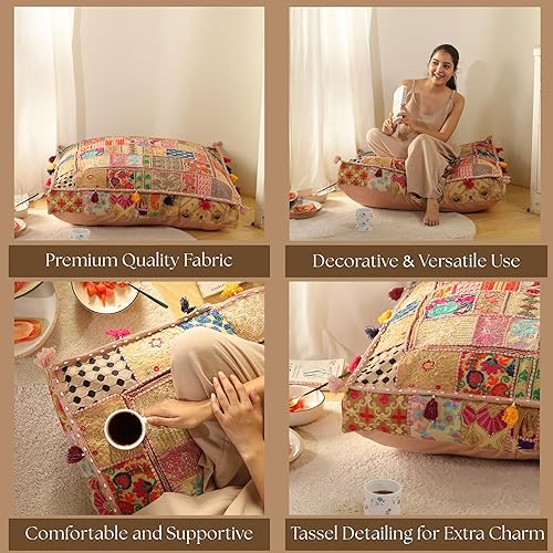 Miniatura 6 de THE ART BOX Cotton Patchwork Vintage Boho Embroidered Floor Pillows & Cushion Cover Dog Pouf Seating Pouf Meditation Pillow Pet Bedding Cat Bed Boho