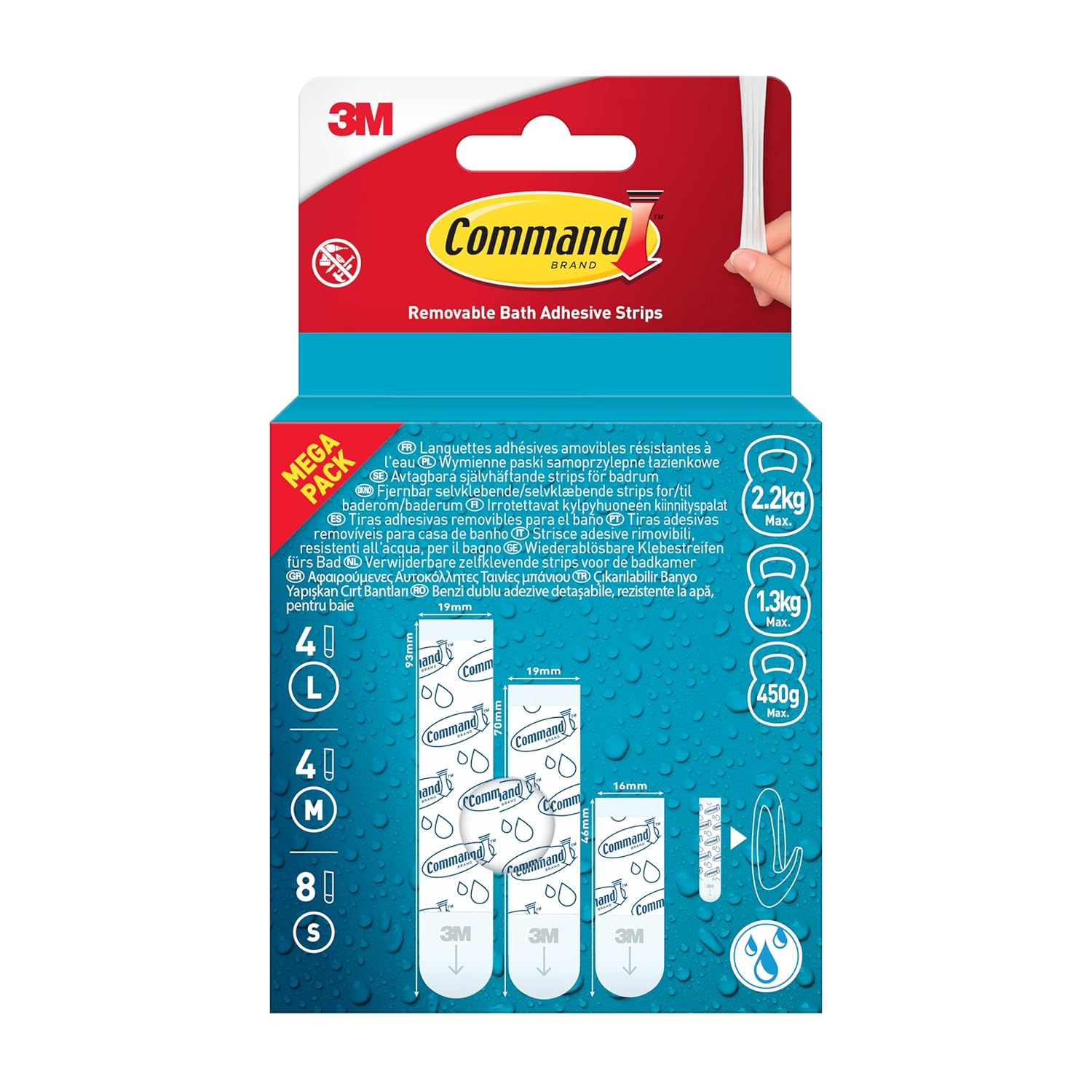 Command Removable Bath Strips Pack of 8 Small, 4 Medium, 4 Large Adhesive Strips - Organise Without Drilling and Holes - Removable Without Residue