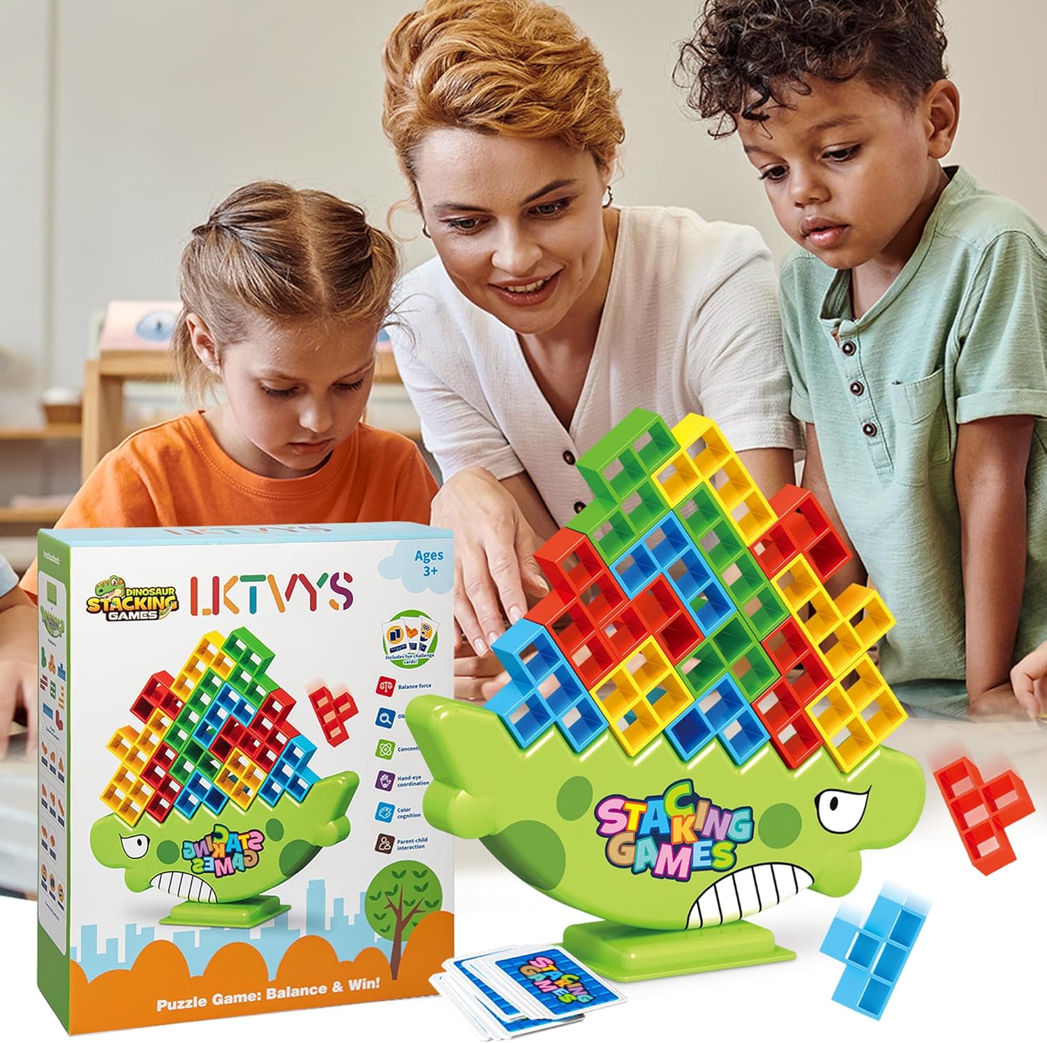 Dinosaur Balance Games for Kids Stacking Blocks, 64 PCS Tower Stack Game – Perfect Family Games for Kids and Adults – Great for Team Challenges & Fun