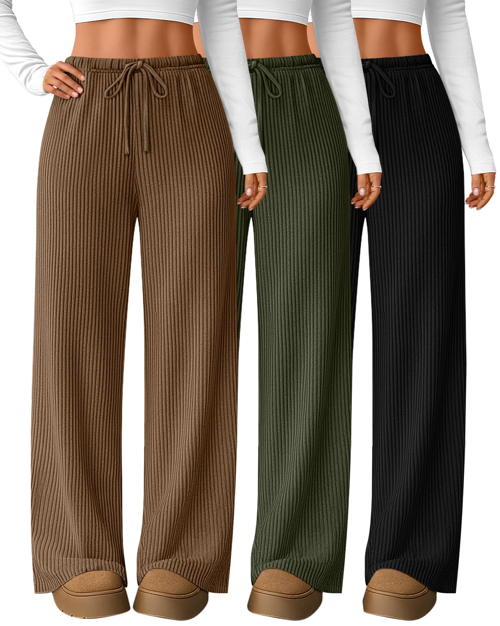 3 Pack Women Corduroy Drawstring Pants with Pockets High Straight Leg Elastic Waistband Casual Fall Winter Trousers