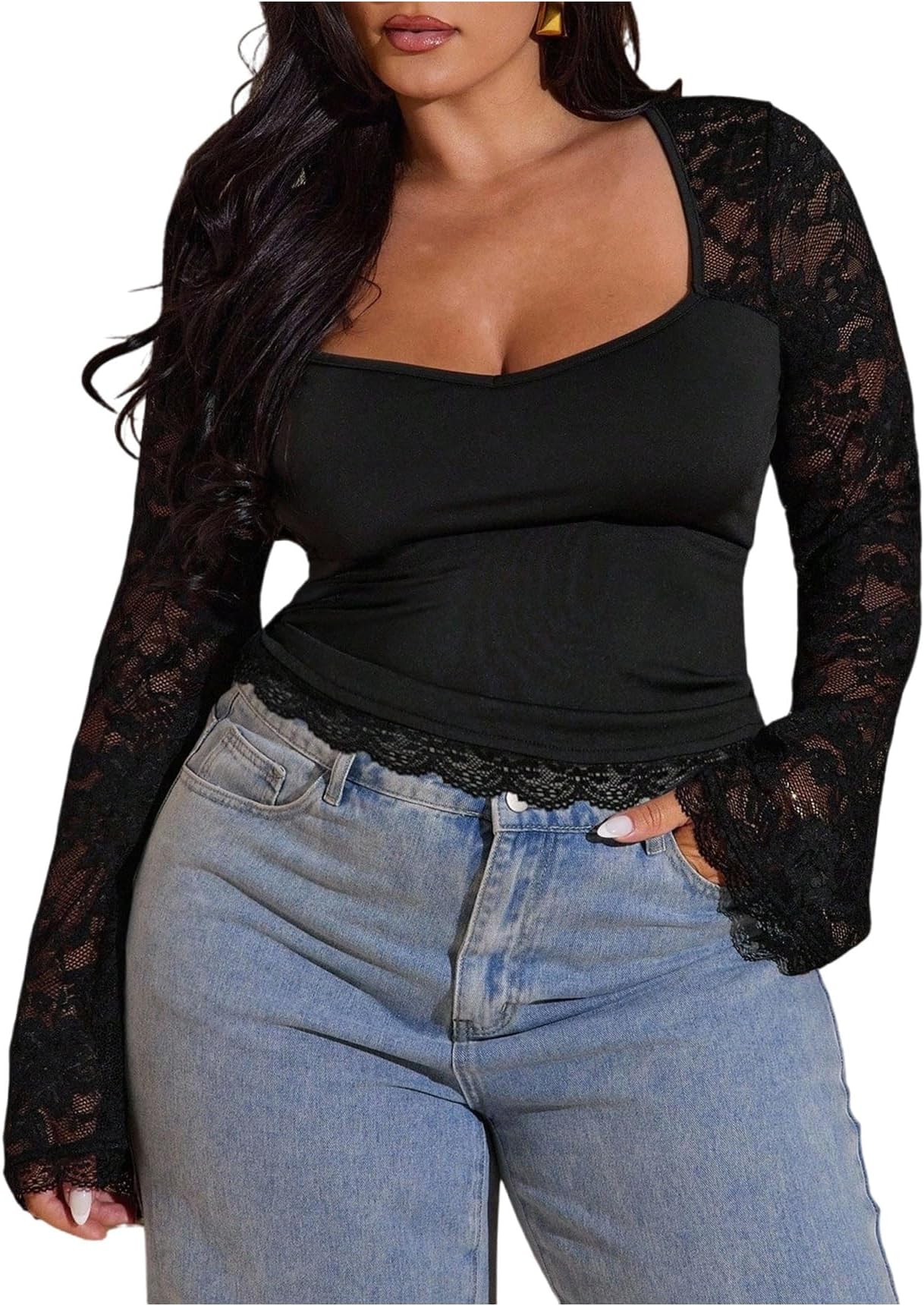 Women's Plus Size Lace T Shirt Tie Backless Sweetheart Neck Long Sleeve Slim Fitted Tee Going Out Tops