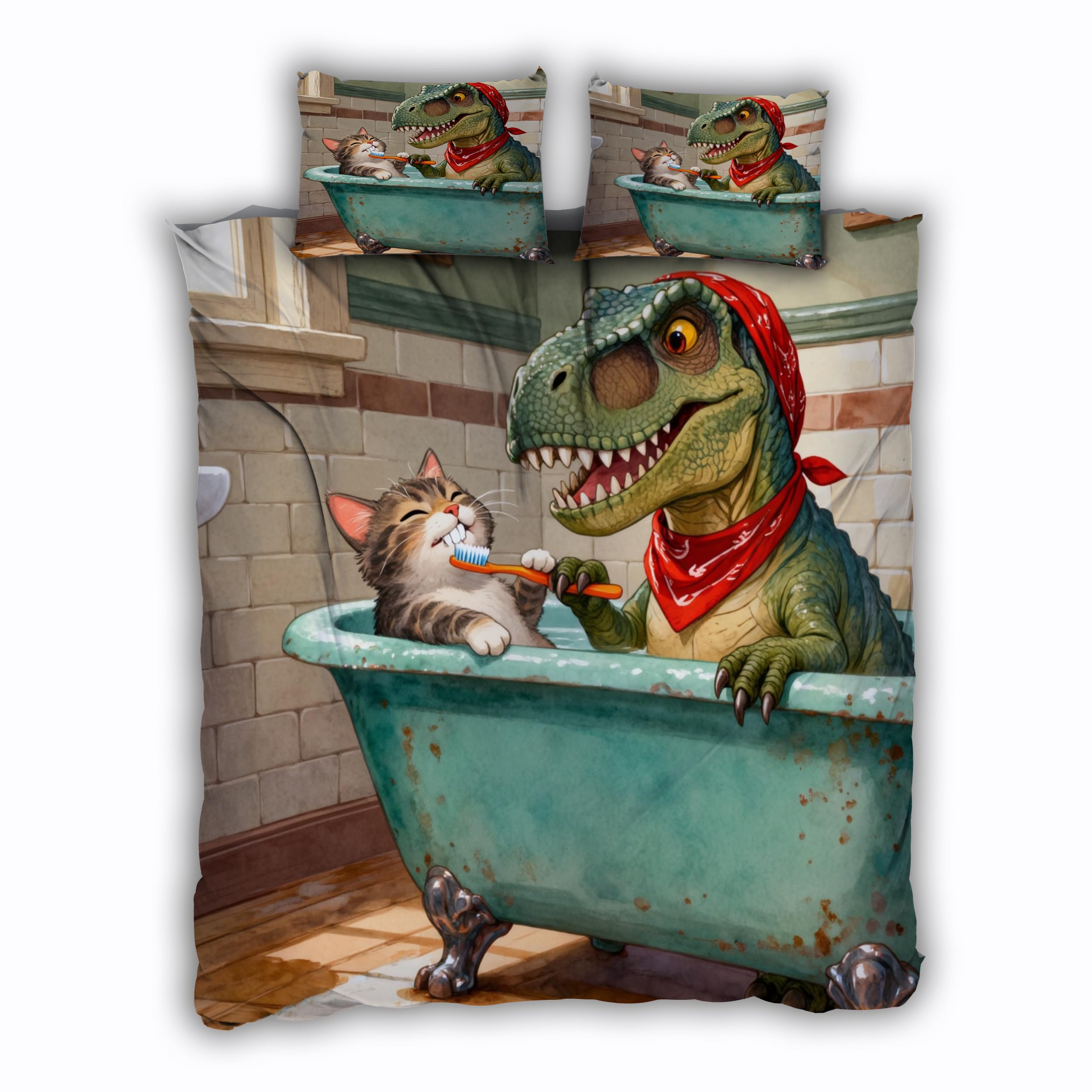 Housse de Couette 220x240cm Dinosaure et Chat Parure 2 Personnes avec Taies