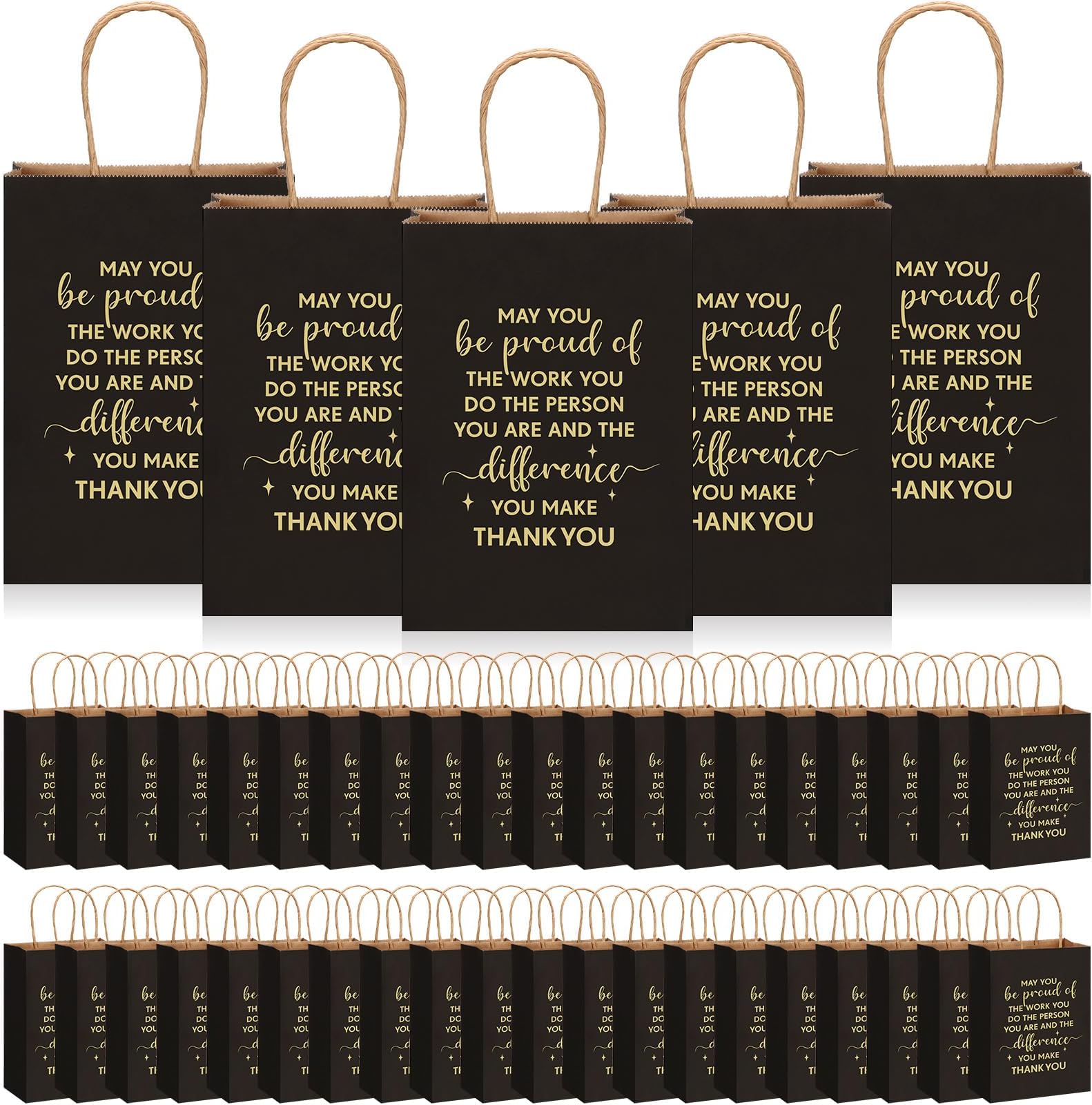 20 Pack Thank You Gift Bags With Handles – Black Kraft Paper Appreciation Bags For Teachers, Coworkers, Employees – 8.3x4.3x10.6”