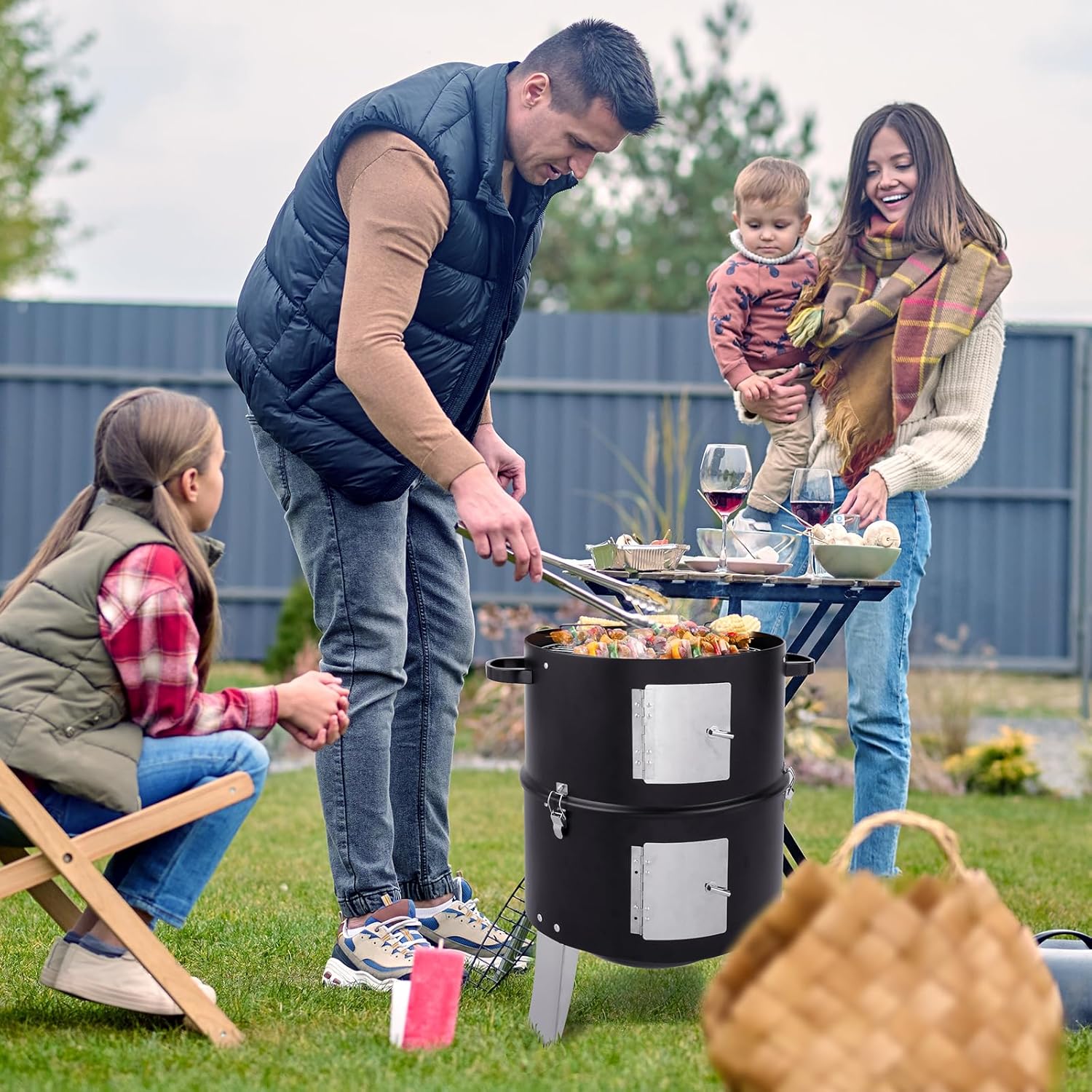 Vertical 18.5 Inch Steel Charcoal BBQ Smoker, Heavy Duty 3-in-1 Portable Vertical Grill Cooker with Built-in Thermometers &Adjustable Air Vent Systems for Outdoor Backyard Cooking Grilling Camping