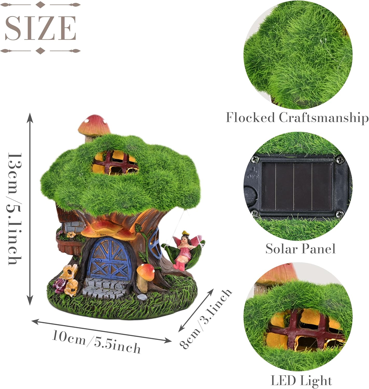 TERESA'S COLLECTIONS Fairy House Outdoor Statues with Solar Light for Garden Decor, Green Moss Resin Outdoor Cottage with Swinging Fairy, Lawn Ornaments Yard Decor Gifts for Mom Women, 5.1"