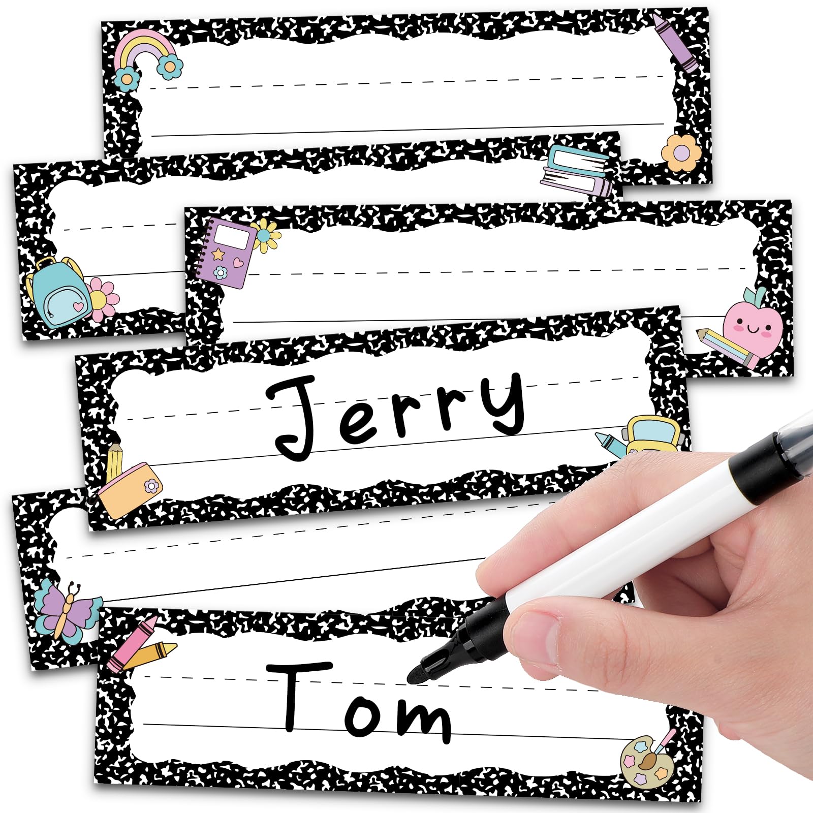 AmazingSpark 72 Pcs Composition Notebook School Name Tags for Classroom Desks in 6 Styles Composition Classroom Decor 9 x 3 Inches Desk Nameplates for