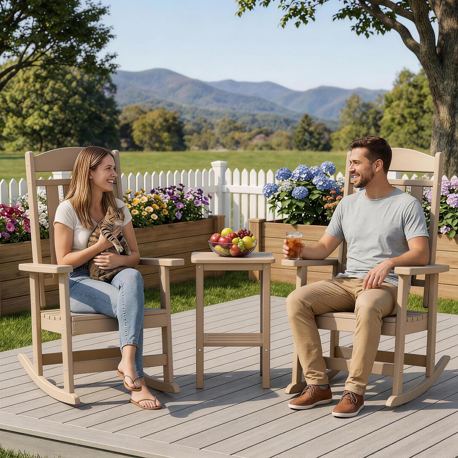 FOOWIN Outdoor Rocking Chair Set of 2, High Back Patio Rocking Chair, HDPE All Weather Resistant Porch Rocker for Adult, Oversized Rocking Chairs for Garden, Lawn, Indoor & Outdoor Use, Brown