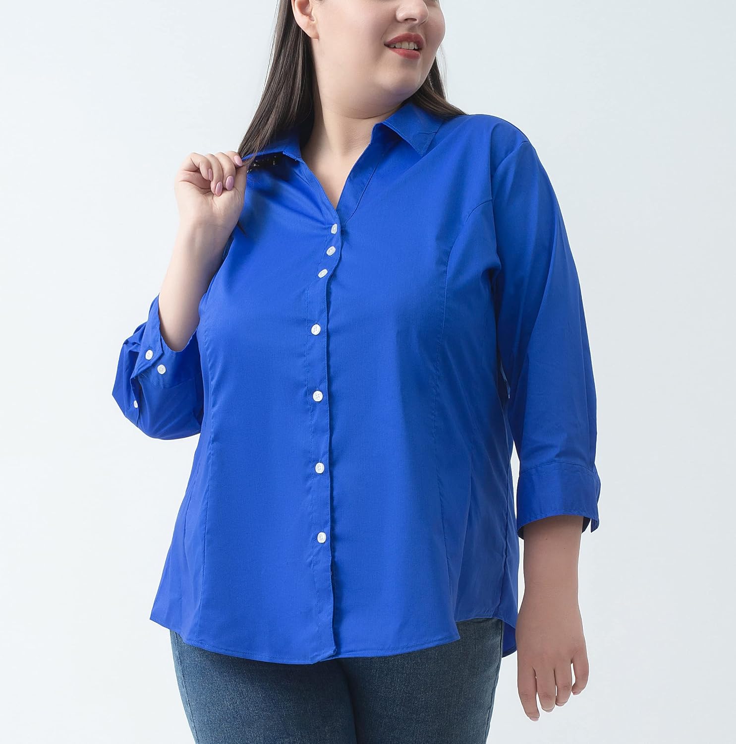 Plus Size 3/4 Sleeve Shirts for Women Button Down Shirts V Neck Women Blouses Tops Business Casual Stretch Shirts