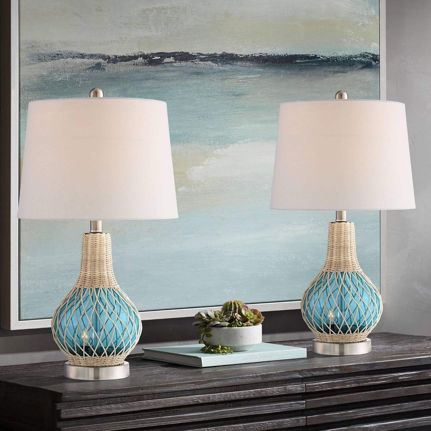 360 Lighting Alana 22 3/4" High Small Modern Coastal Accent Table Lamps Set of 2 LED Night Light Blue Glass Fabric White Shade Living Room Bedroom Bedside Nightstand House Office Home Reading