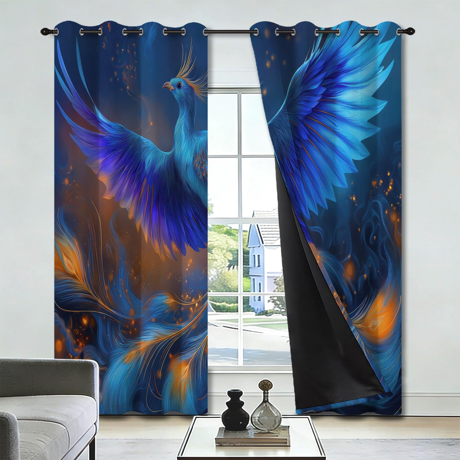 Dreamy Zasłony zaciemniające do sypialni, 140 cm szer. x 175 cm wys. (2 panele) Forest Phoenix Gold foliowe, izolacja termiczna, zasłony do pokoju dziecięcego, zasłony redukujące hałas, zasłony na