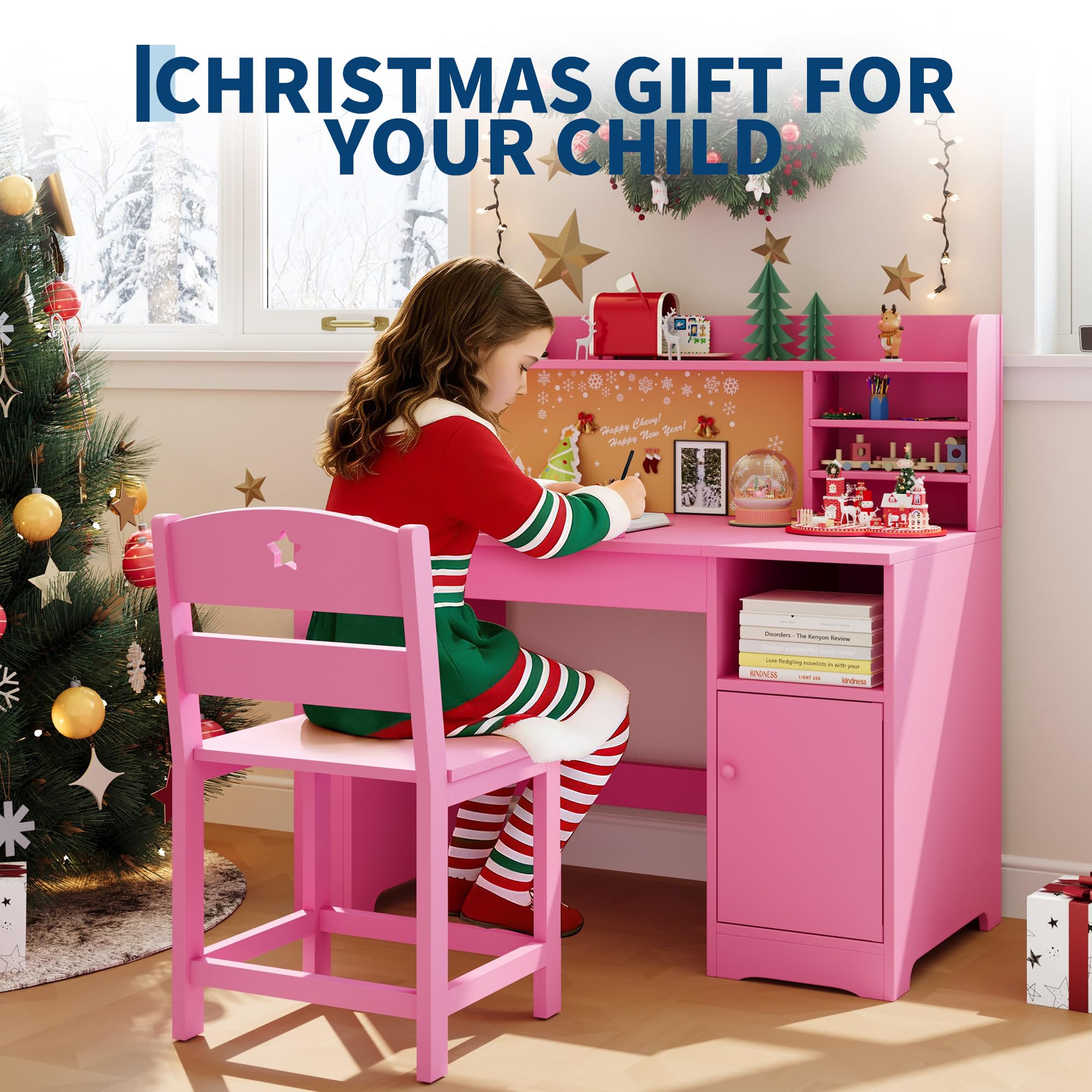 Escritorio Infantil 2 en 1 con 0-40° Soporte Elevador de Escritorio, Mesa con Silla Escritorio de Madera, Estante para Libros, Área de Almacenamiento y Taquilla con Puerta, 3+