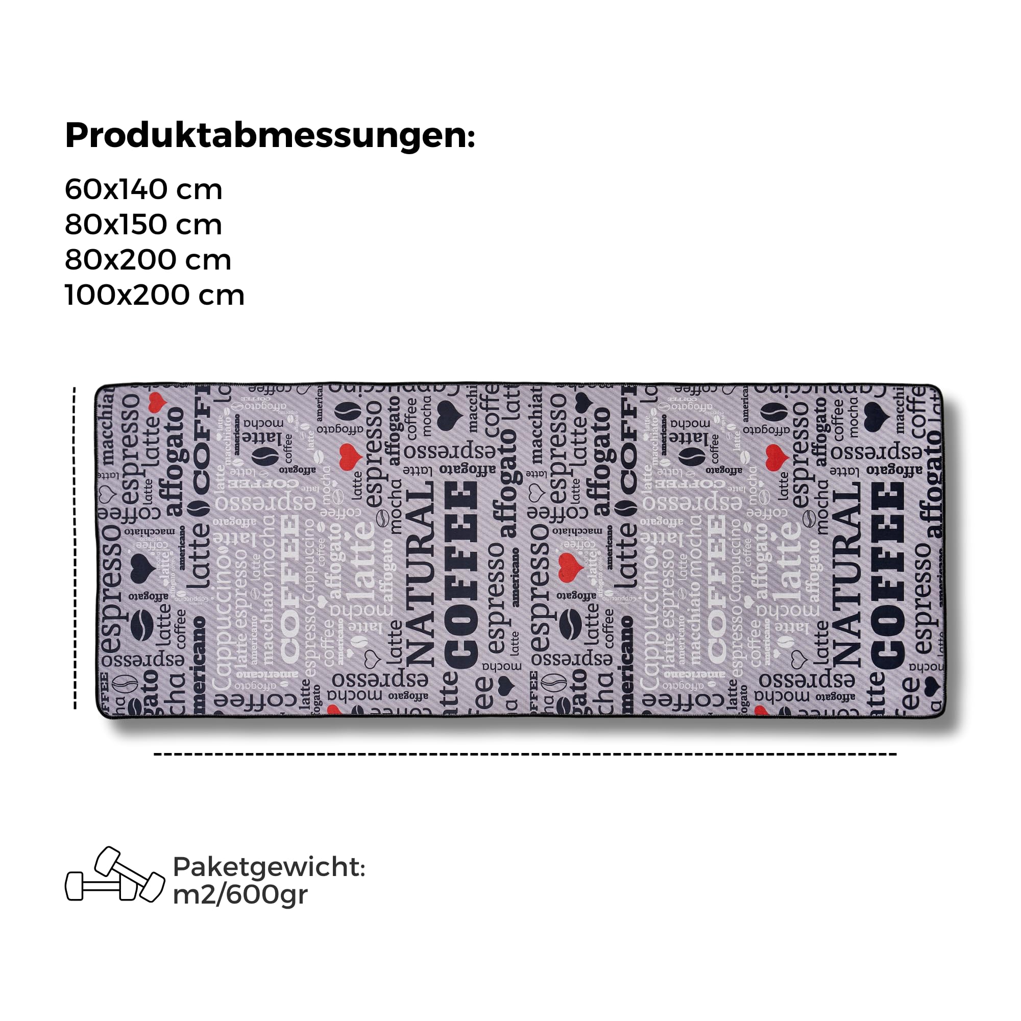 Tapis de Cuisine Moderne en Gel, Gris, Blanc, Noir, avec Motif de Sol antidérapant et Inscription café Macchiato (Gris, 60 x 200 cm)