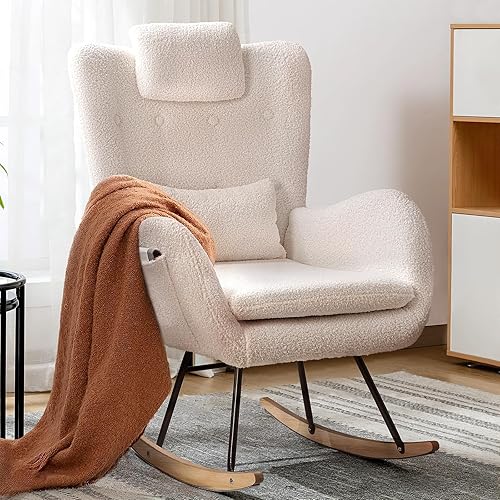 LEMBERI Mecedora para guardería, asiento acolchado tapizado de peluche con reposacabezas, respaldo alto, silla de acento para dormitorio, guardería,