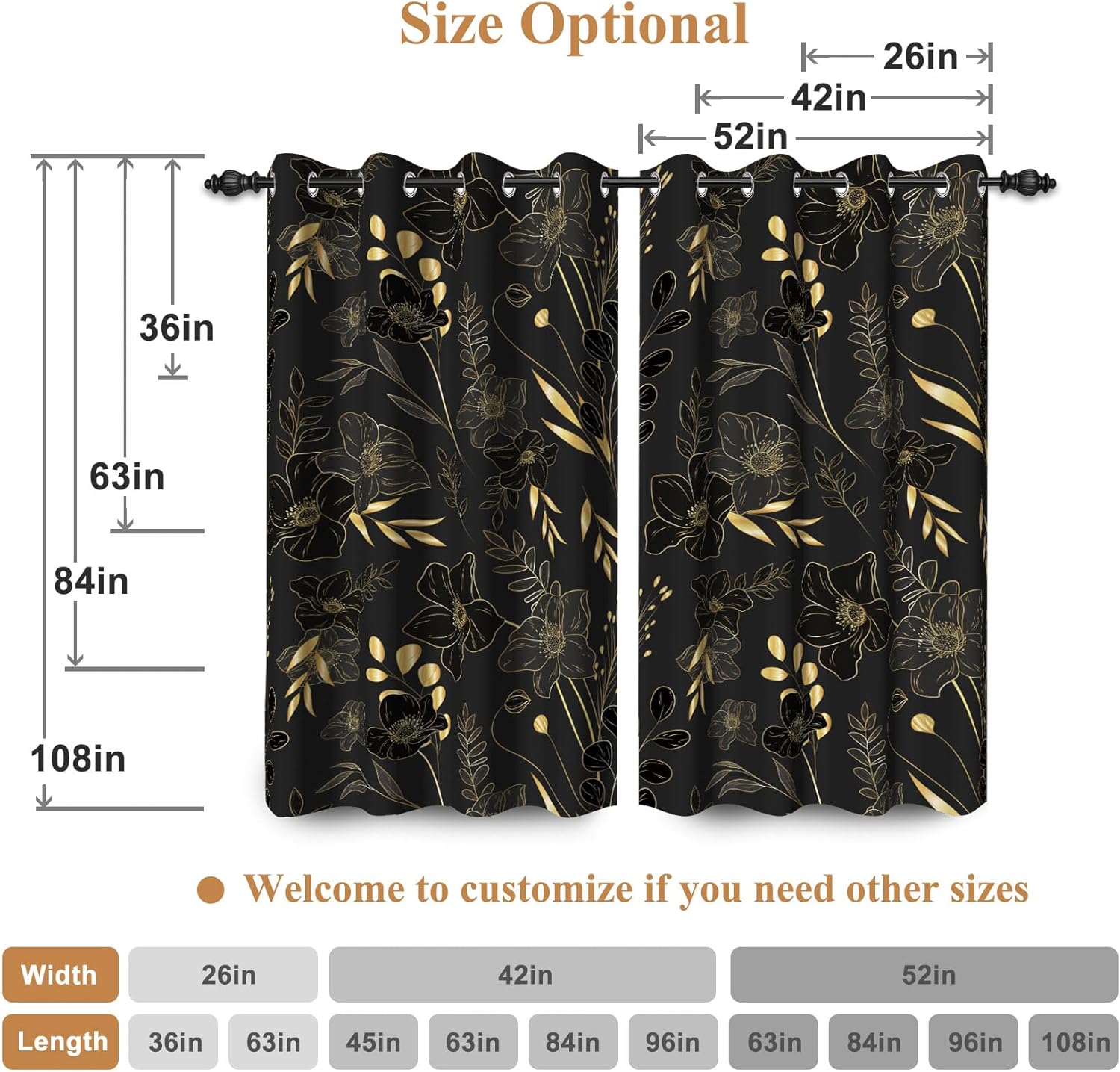 Renaiss 42 x 45 Inch Black Floral Blackout Curtains for Bedroom Printed Gold Stroke Flower Curtains French Country Grommet Window Treatment Curtain Farmhouse Drapes Black Liner 2 Panels