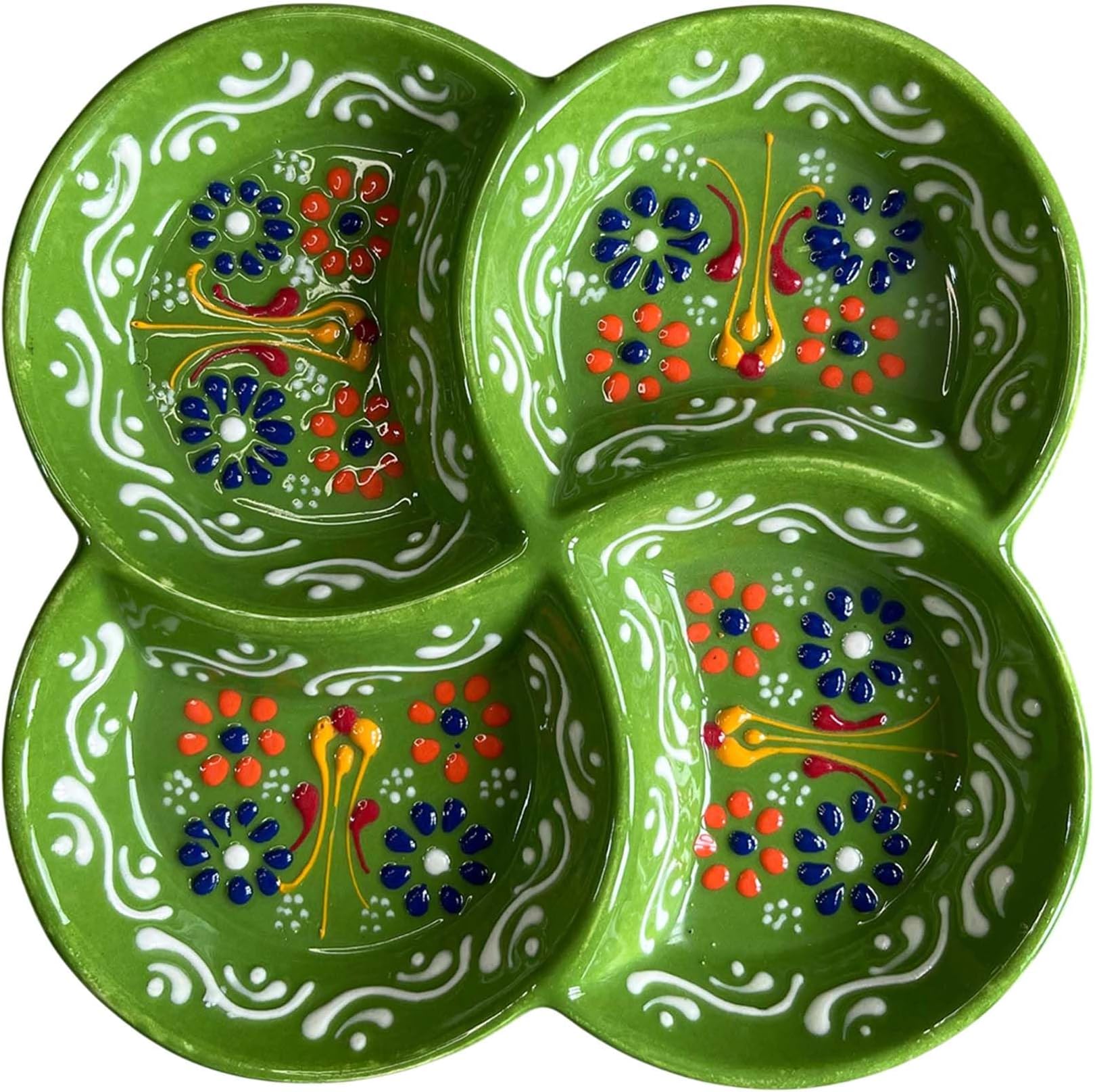 EVANILIFE Handmade Ceramic Appetizer Plate with 4 Compartments, Decorative Snack Serving Tray for Nuts, Dips & Olives, Dishwasher & Microwave Safe Ceramic Platter (Lime Green)