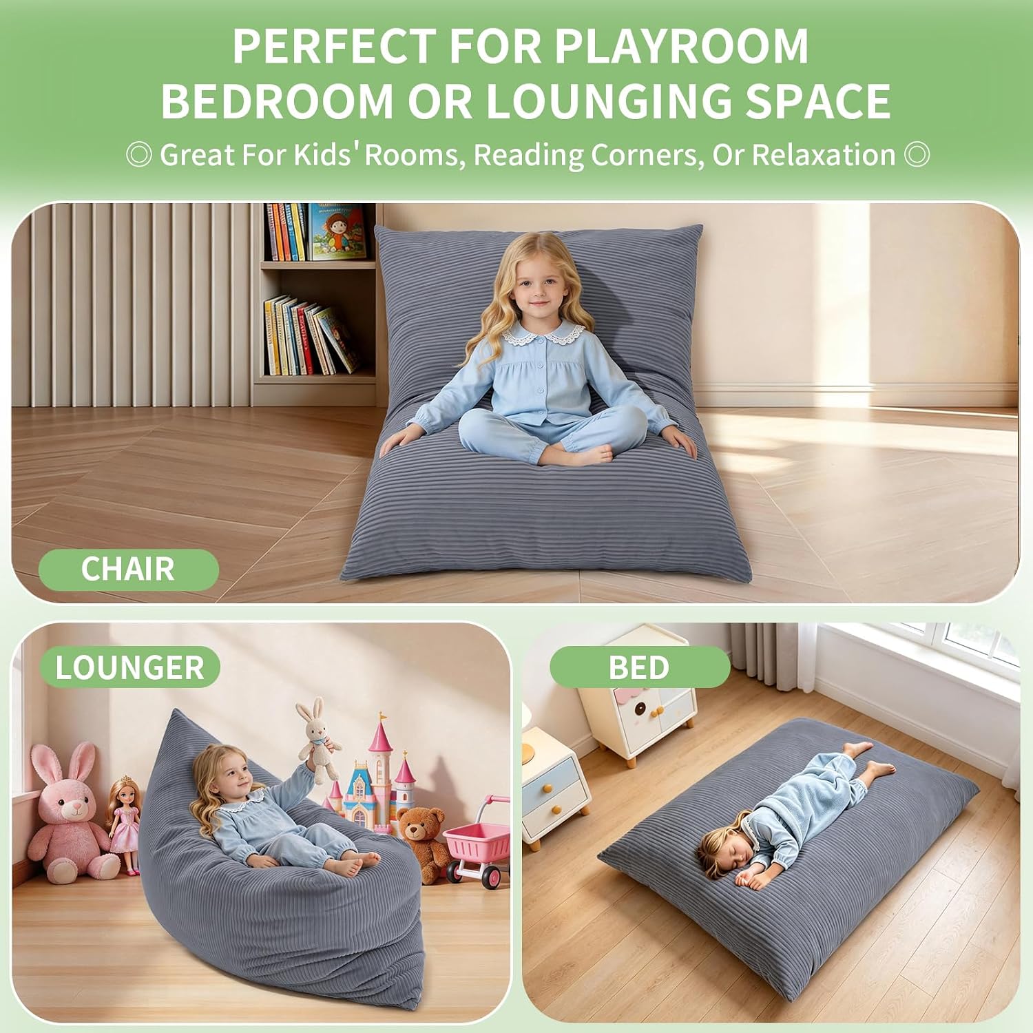 3-in-1 Kids Bean Bag Chair, Convertible Floor Cushion | Odor-Free Shredded Foam Resists Clumping, Removable Corduroy Cover, Cozy Lounge Seating for Bedrooms, Playrooms, Classrooms