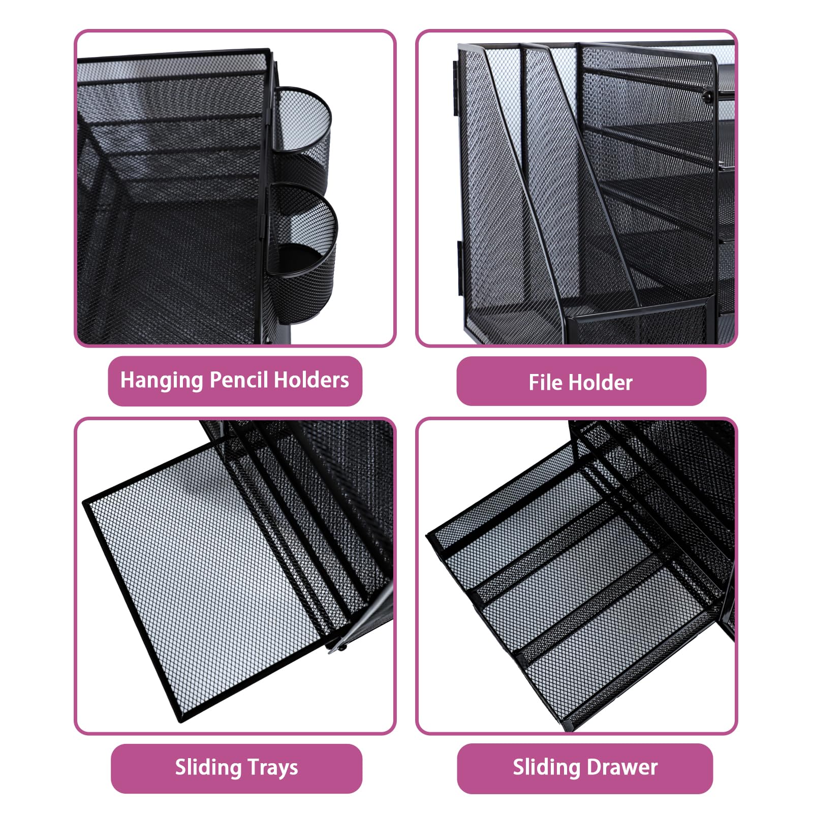 Organizer da scrivania con portadocumenti, organizer a 5 ripiani con cassetto e 2 portapenne, organizer da scrivania in rete per forniture per ufficio, spazio di lavoro, nero