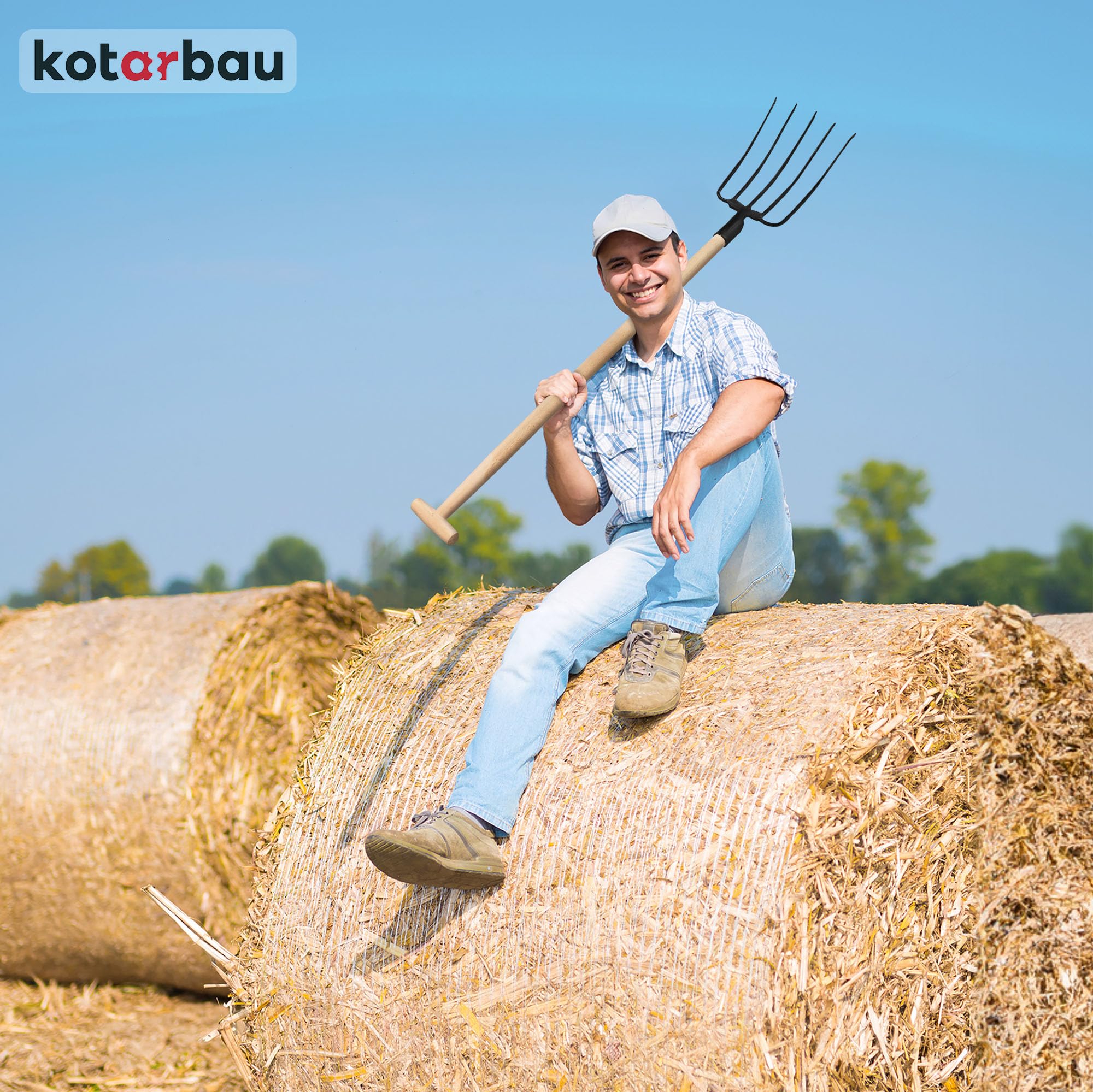 KOTARBAU® Horca de Acero con 5 Dientes, Horca de jardín para Compost, Horca con Mango de Madera en T, Horca para airear Suelos, Horca para ablandar la Tierra y airear el Compost, Horquilla Campo
