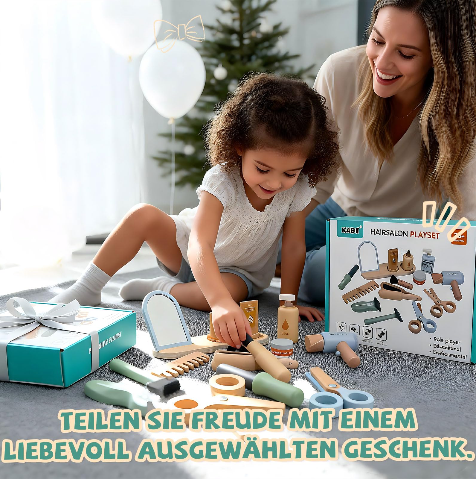 Holz Friseurkoffer Set für Mädchen – Kinder Spielzeug Geschenk Friseur Werkzeugkoffer mit Glätteisen Kamm Spiegel und Styling-Zubehör Beauty Make-up-Spielzeug Friseur Rollenspiel für Kinder
