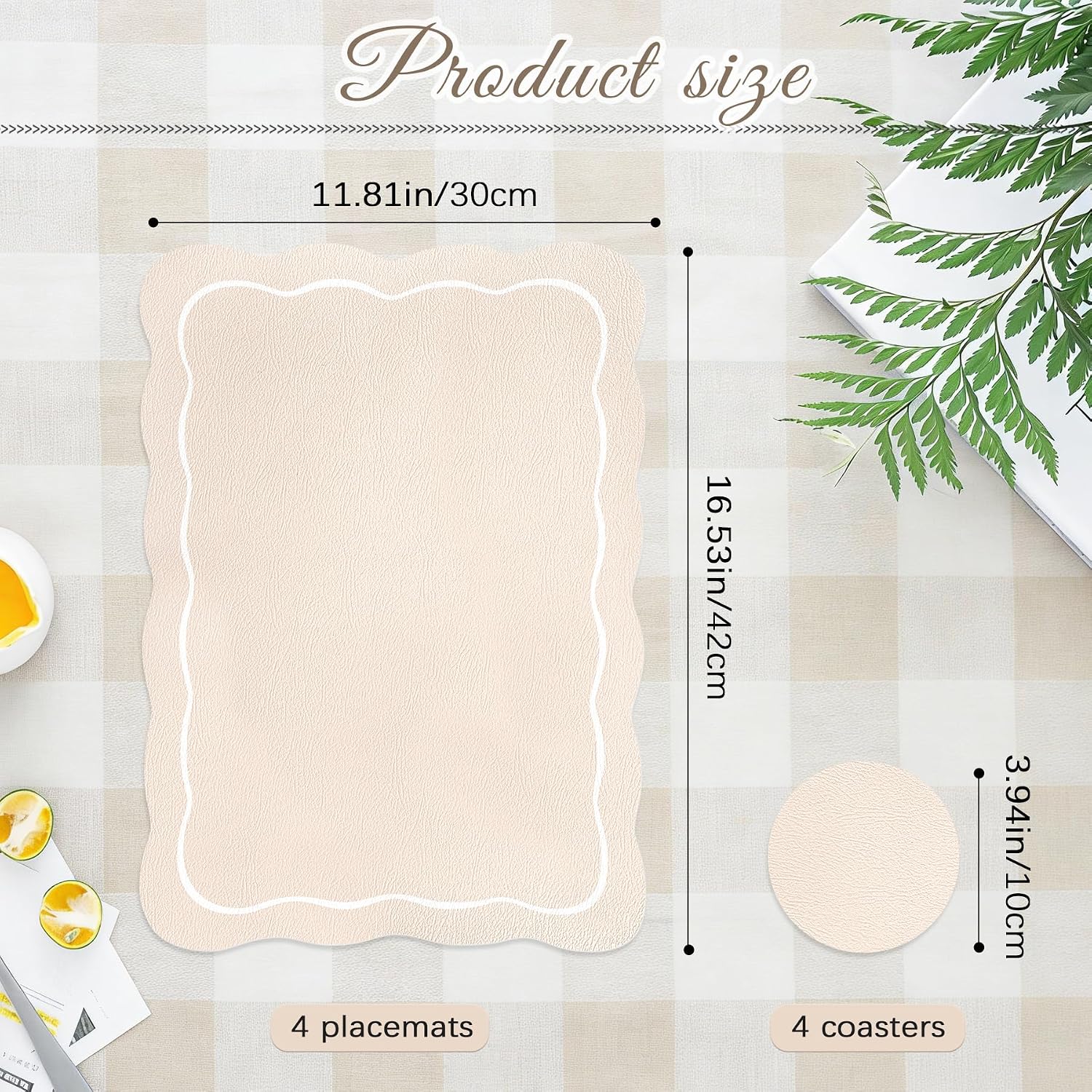 Set of 4 Beige Vinyl Placemats with Coasters 16.5 Inch Beige Scalloped Vinyl Placemats Waterproof Faux Leather Place Mats Wipeable Heat Resistant for Kitchen Dining Table Decor