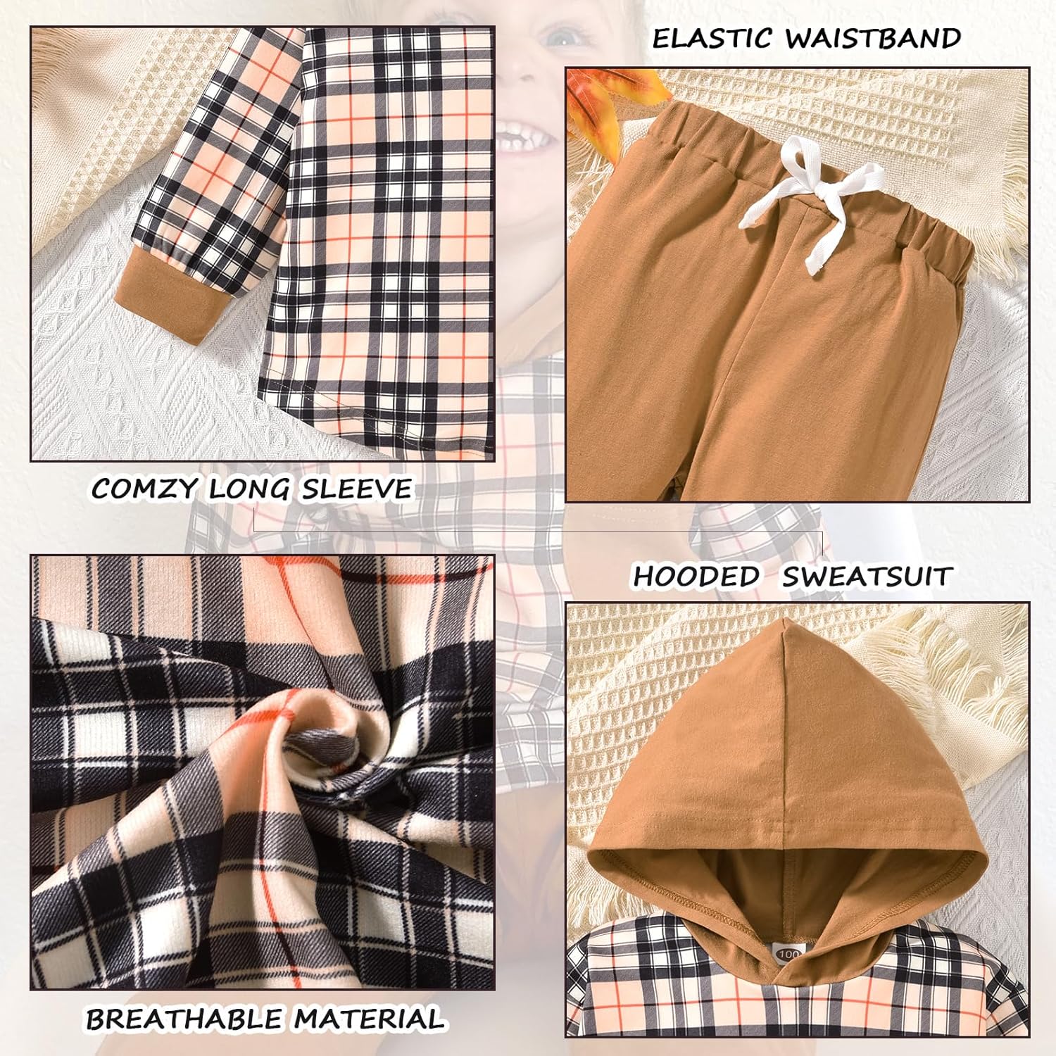 HINTINA Toddler Little Boy Plaid Sweatsuit Outfits Long Sleeve Hooded Sweatshirt Hoodie Fall Winter Clothes Clothing Set - Image 4