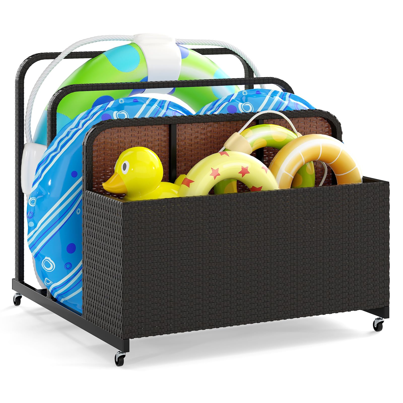 COSTWAY Rolling Poolside Float Storage, PE Rattan Pool Float Caddy Basket with 2 Towel Rack and Wheels, Mobile Outdoor Storage Bin for Floaties, Cushions, Life Vests, Beach Balls (Brown)