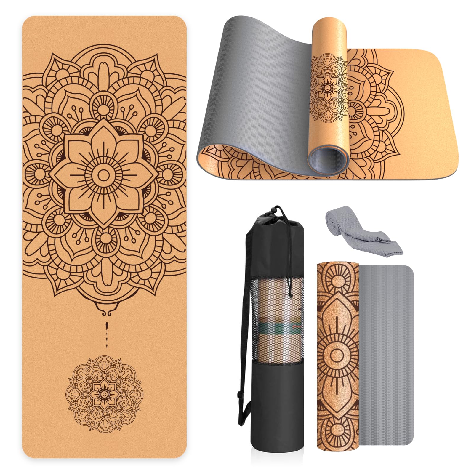 Haninj® Yogamatte Kork – Rutschfeste Yoga Matte, Einzigartiges Design, Naturkautschuk TPE Gymnastikmatte, Trainingsmatte mit Tragetasche & Gurt, für Zuhause, Pilates, Aerobic Fitnessstudio und Workout