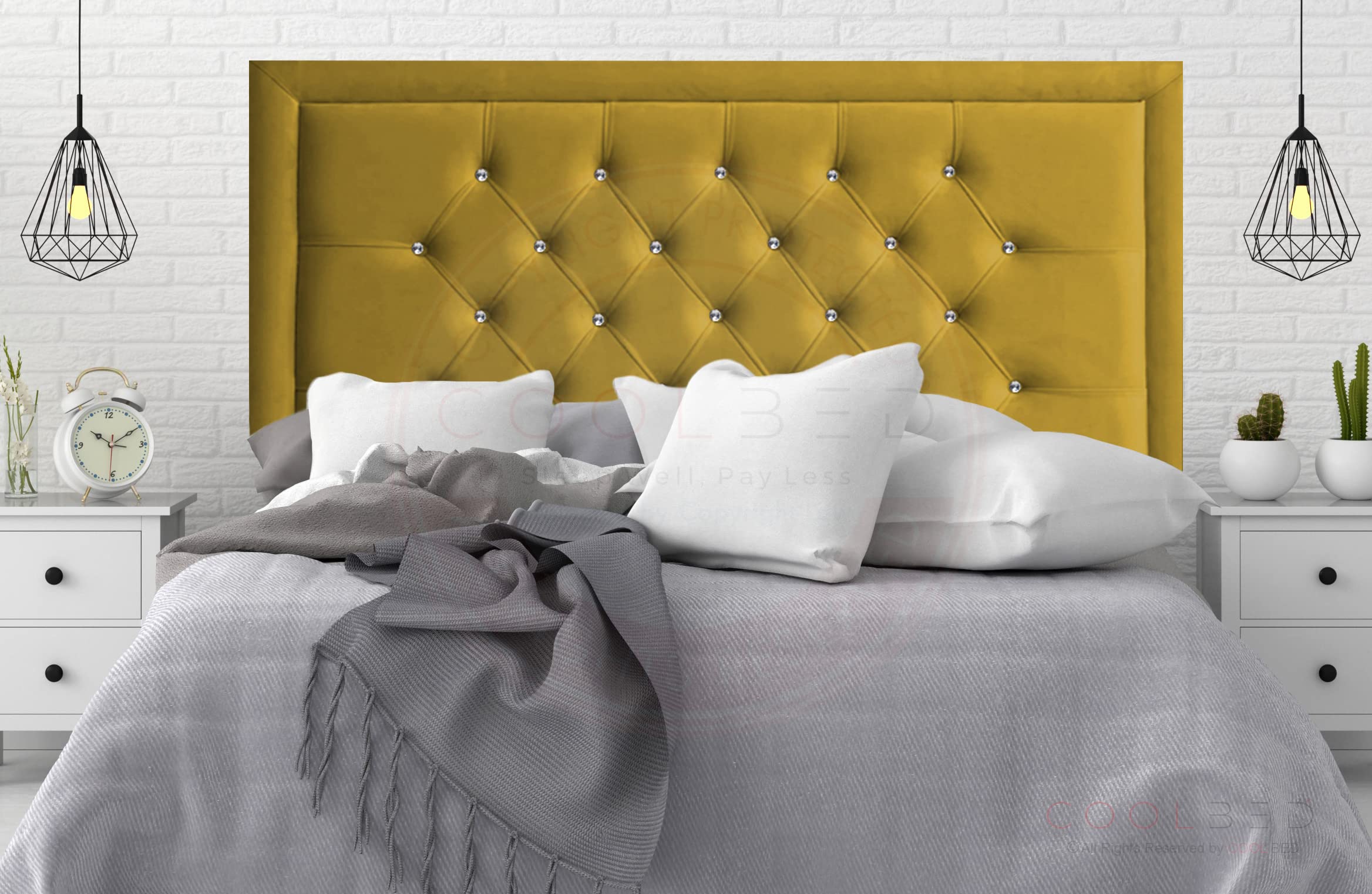 Miami Single Small Double King Size Divan Bed Headboard in Plush Velvet 20” Or 26” Height Lined Headboards For Beds Bedroom Furniture Decor (Yellow Plush, 6FT (Super King) - 26" Height)