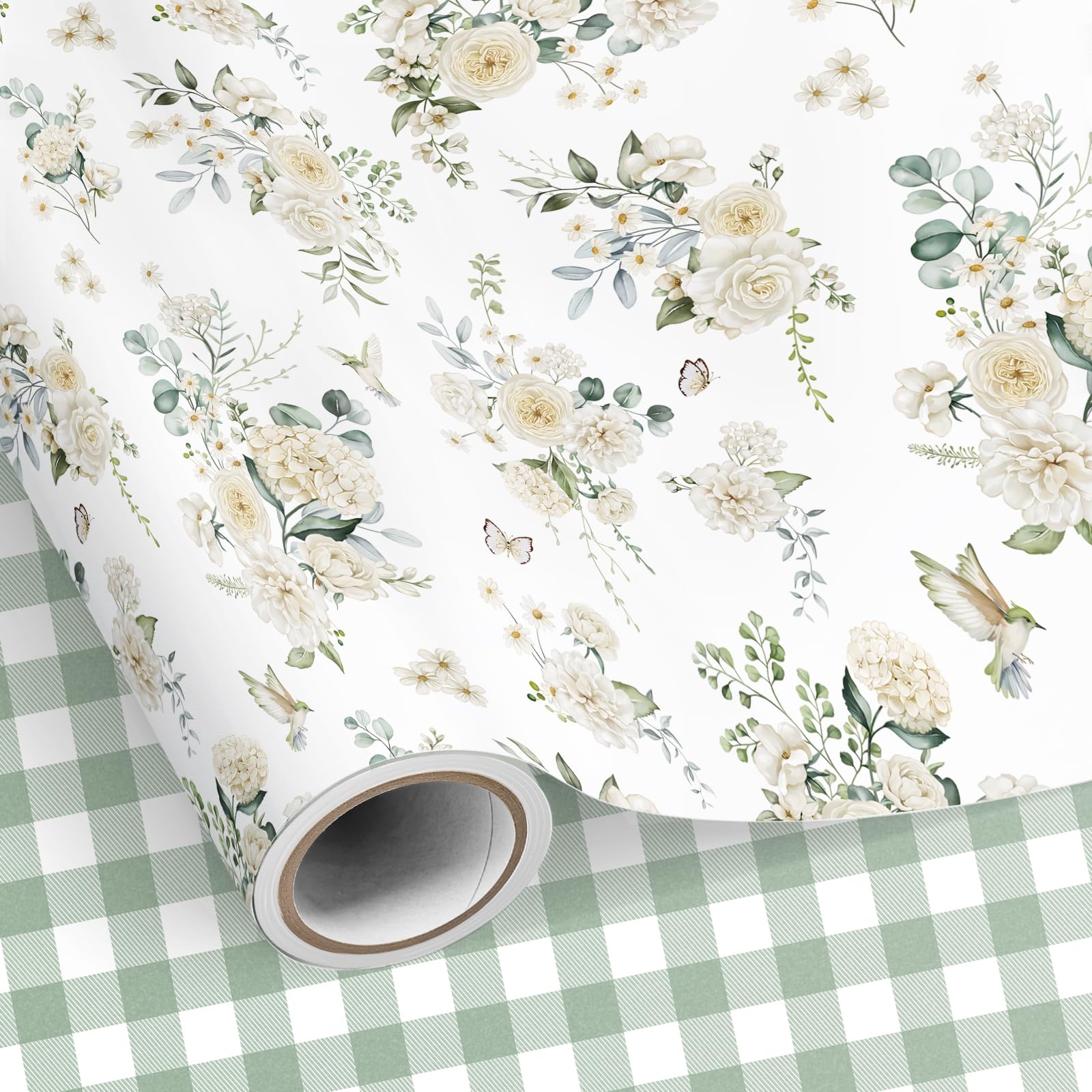 Neloheac Floral Wedding Wrapping Paper Roll 43CM x 10M, Double Sided White Green Reversible Gift Wrapping Paper with Plaid Pattern for Bridal Shower Wedding Baby Shower โ image 1