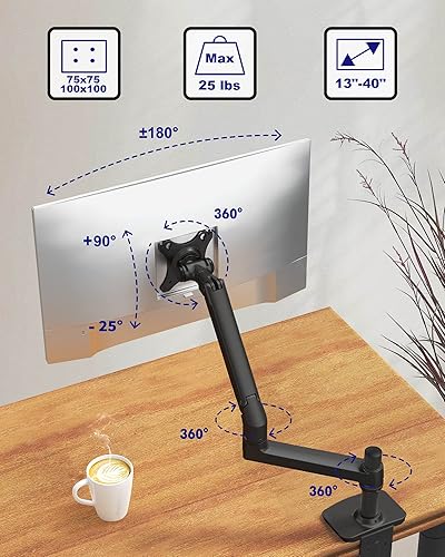 Miniatura 2 de Soporte para monitor individual  Soporte de escritorio con brazo para monitor único, brazo de monitor de computadora totalmente ajustable con