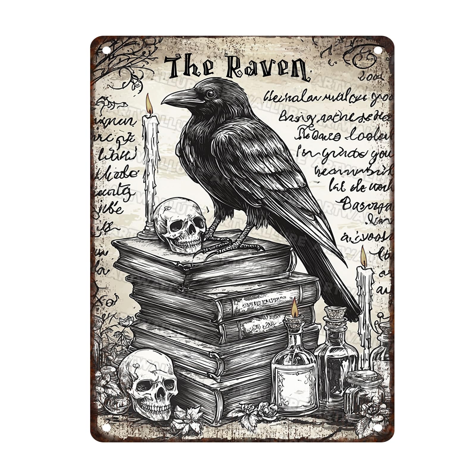 Gothic Raven Sign Vintage Crow Metal Sign Skull Wall Decor Gothic Witchy Bathroom Decor for Home Bar Garage Man Cave Shed 12x16inch