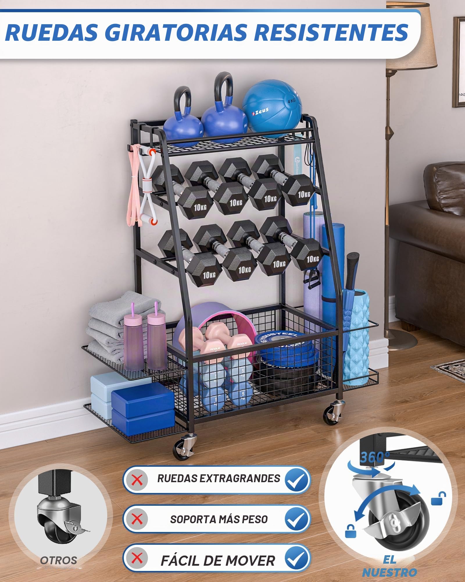 Soporte para mancuernas - Estantería de almacenamiento ampliad para gimnasio doméstico - Soporte de mancuernas con 4 ruedas flexibles y almacenamiento único en ambos lados