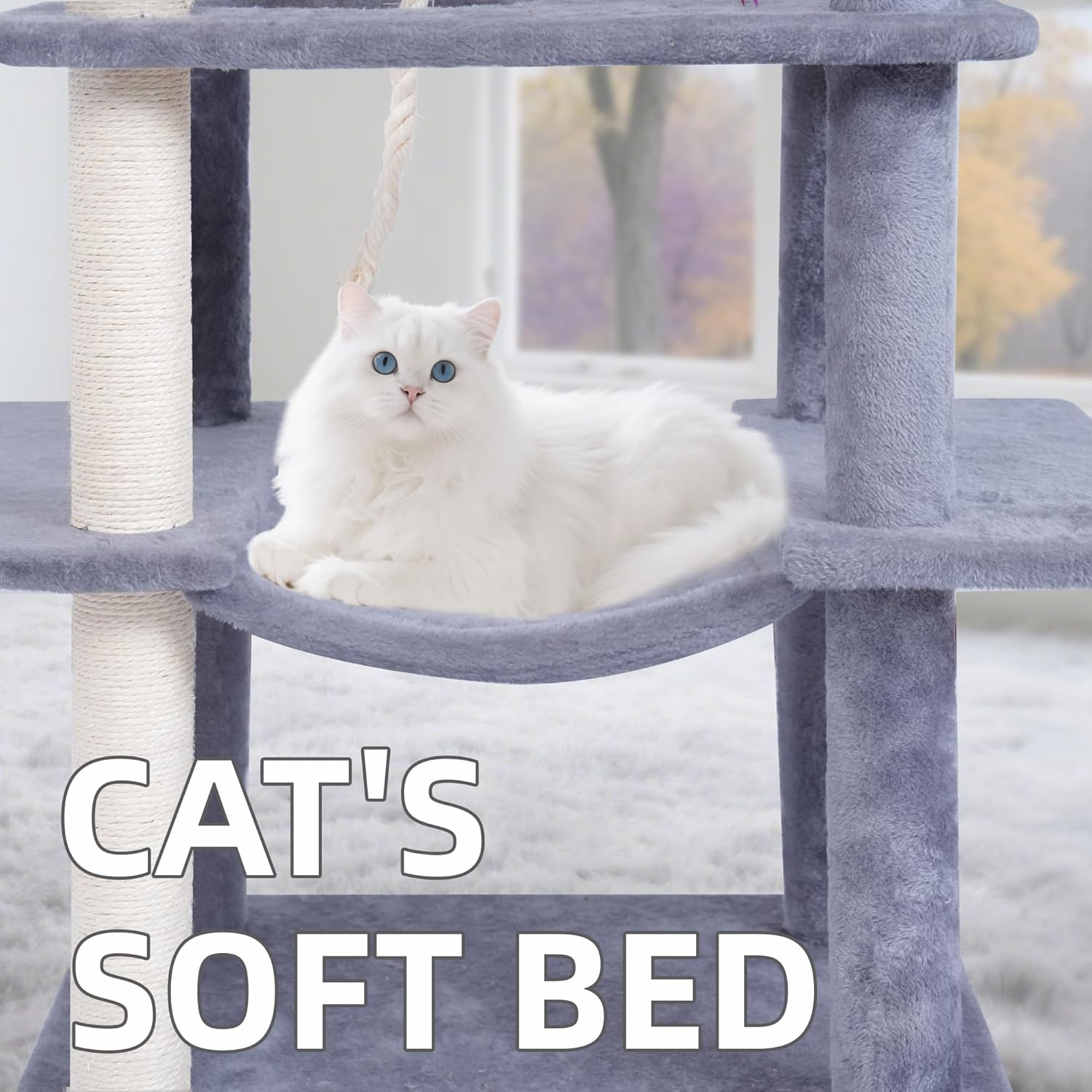 Big Cat Tree, Cat Tower with Multi-Level Condo, Hammocks, Rotating Toy (Grey, 63.4'')