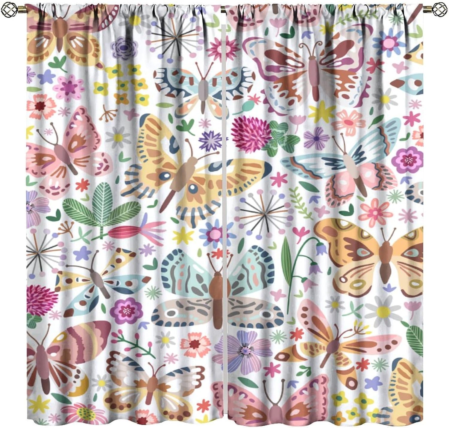 Butterfly Blackout Curtains for Kids Room,Colorful Painting Art Cartoon Fun Butterflies Flowers Plants Aesthetics Print Rod Pocket Window Treatments Drapes for Bedroom Kitchen Living Room 42"W X 63"L