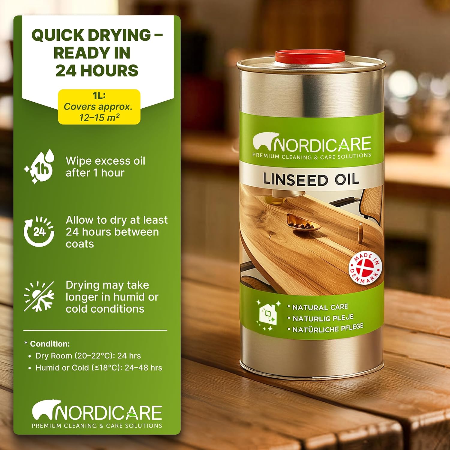 Nordicare Linseed Oil for Wood - 100% Pure & Natural Linseed Oil for Entire Indoor Area - Food-Safe Raw - Furniture - Underlines the Original Wood Structure - Made in Denmark (34oz)