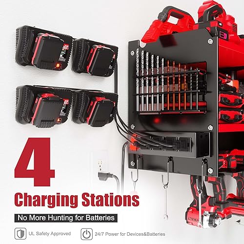 Miniatura 3 de Organizador de herramientas eléctricas con estación de carga, 6 soportes para taladro, soporte de pared, estante de herramientas de garaje de metal