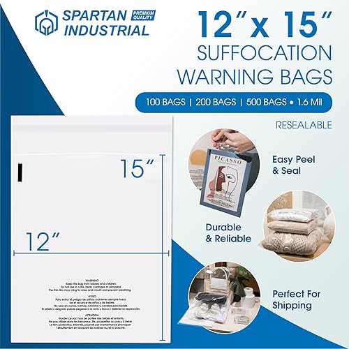 Miniatura 9 de Spartan Industrial - Bolsas de polietileno transparente autosellantes de 18 x 24 pulgadas (200 unidades) con advertencia de asfixia para embalaje,