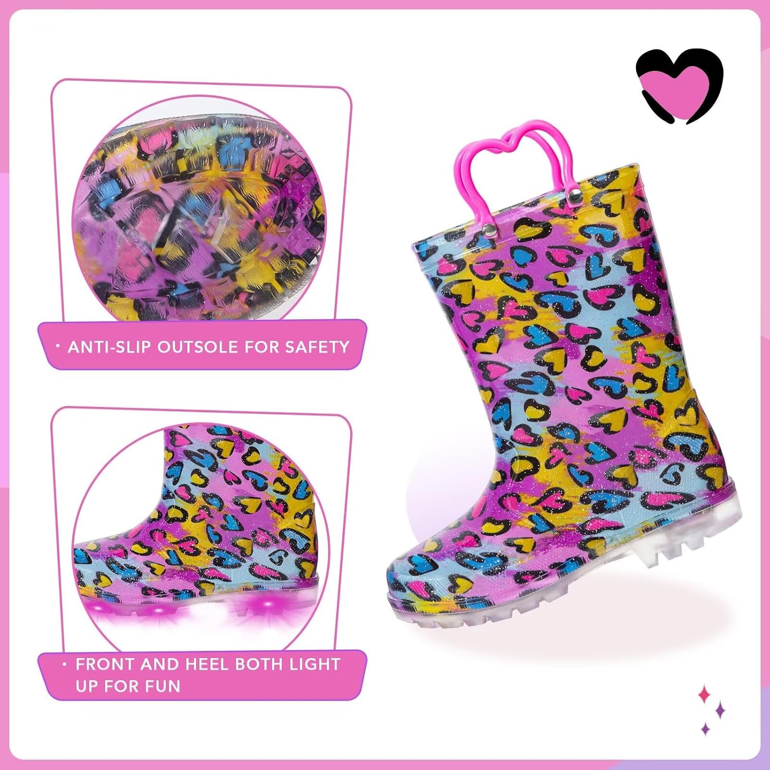 EUXTERPA Toddler Kids Waterproof Light Up Rain Boots Patterns and Glitter Boots with Handles for Boys Girls