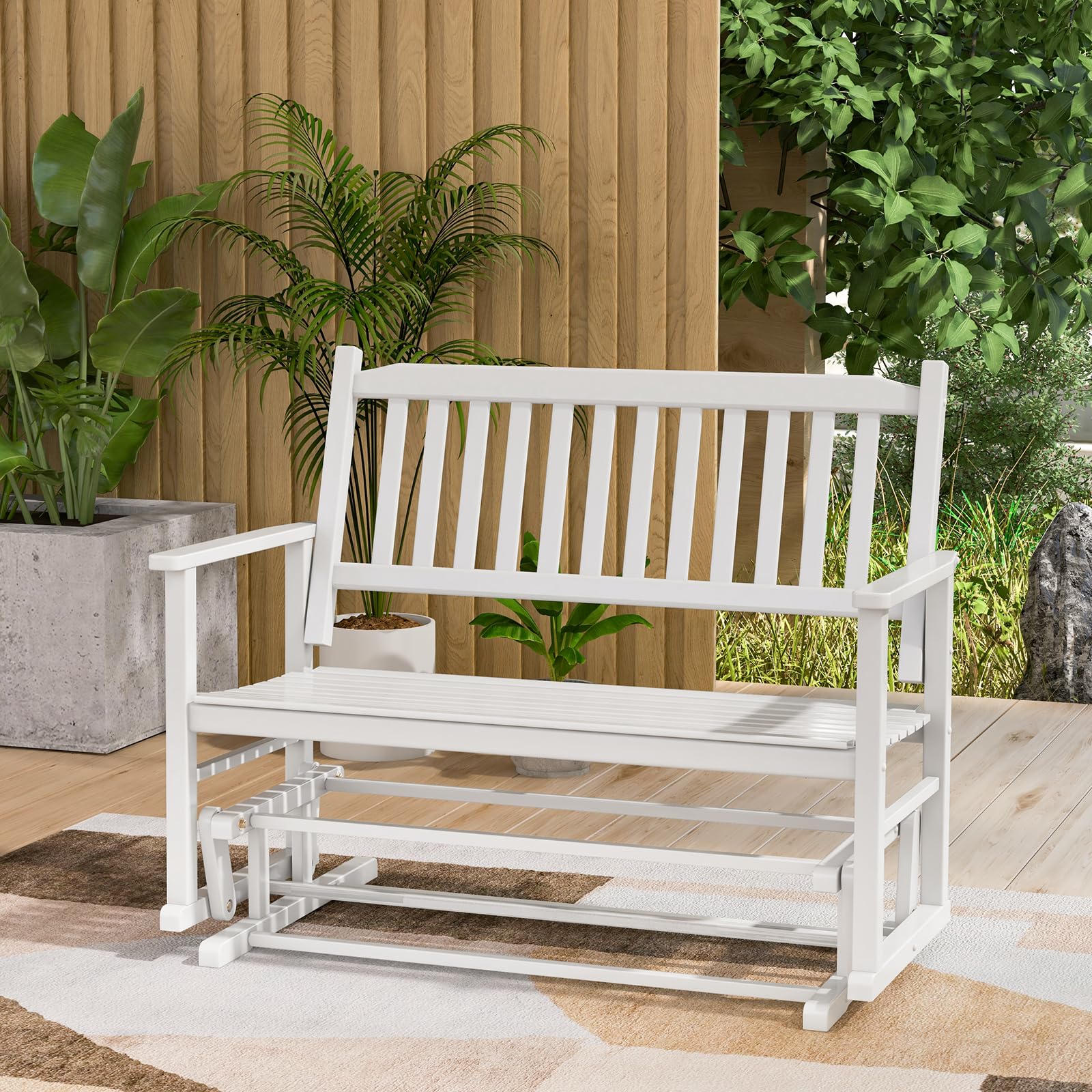 COSTWAY Banco Balancin Jardin Exterior 2 Plazas, Mecedora con Asiento de Listones y Respaldo Curvado, Deslizamiento Suave y Seguro, Blanco, 126 x 68 x 100 cm