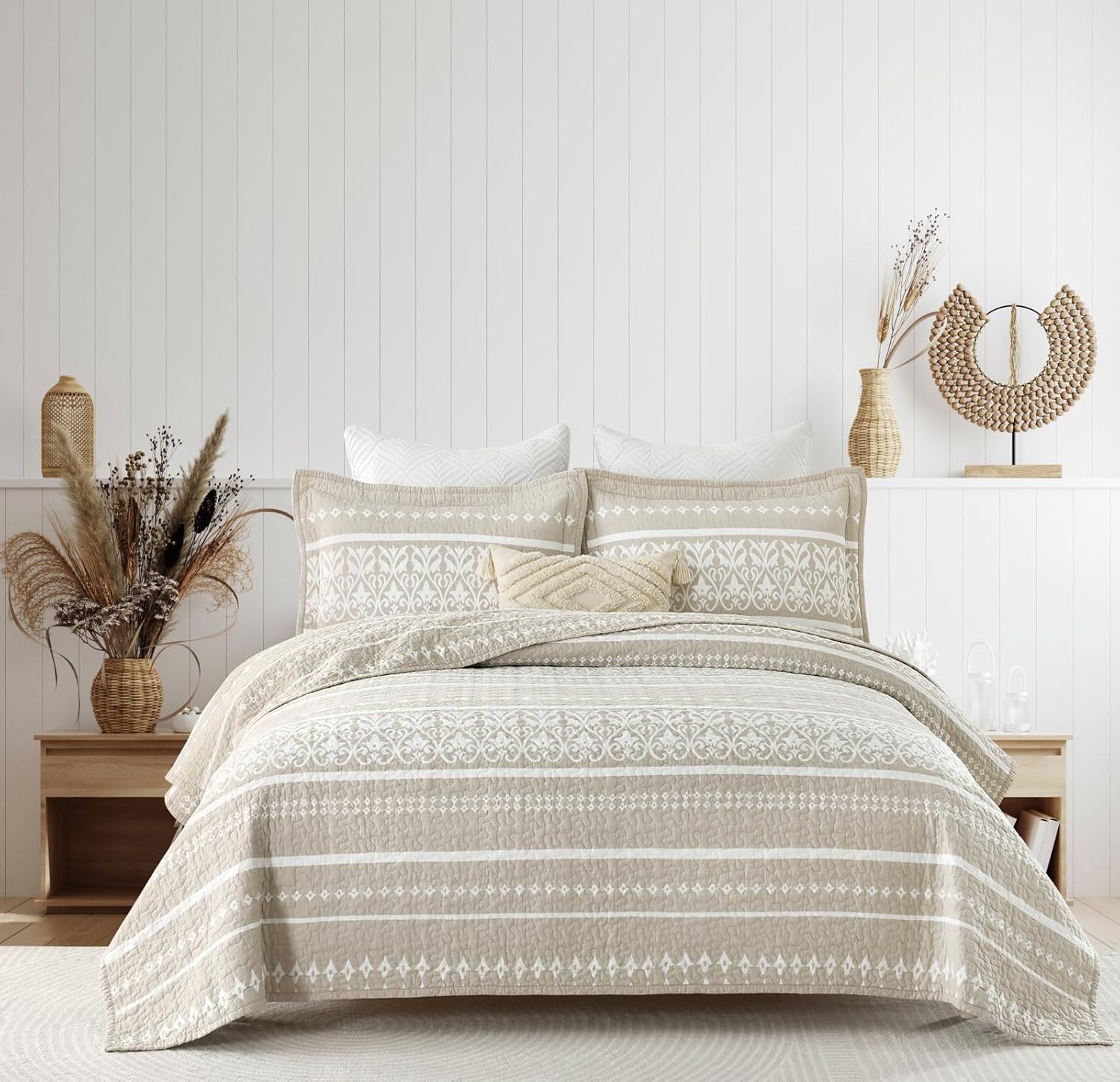 Boho Quilt Set King,100% Cotton Quilt King Size Beige Bohemian Bedspread Striped Printed Lightweight Comforter Set Reversible Coverlet King Bedding for All Season 3 Pieces