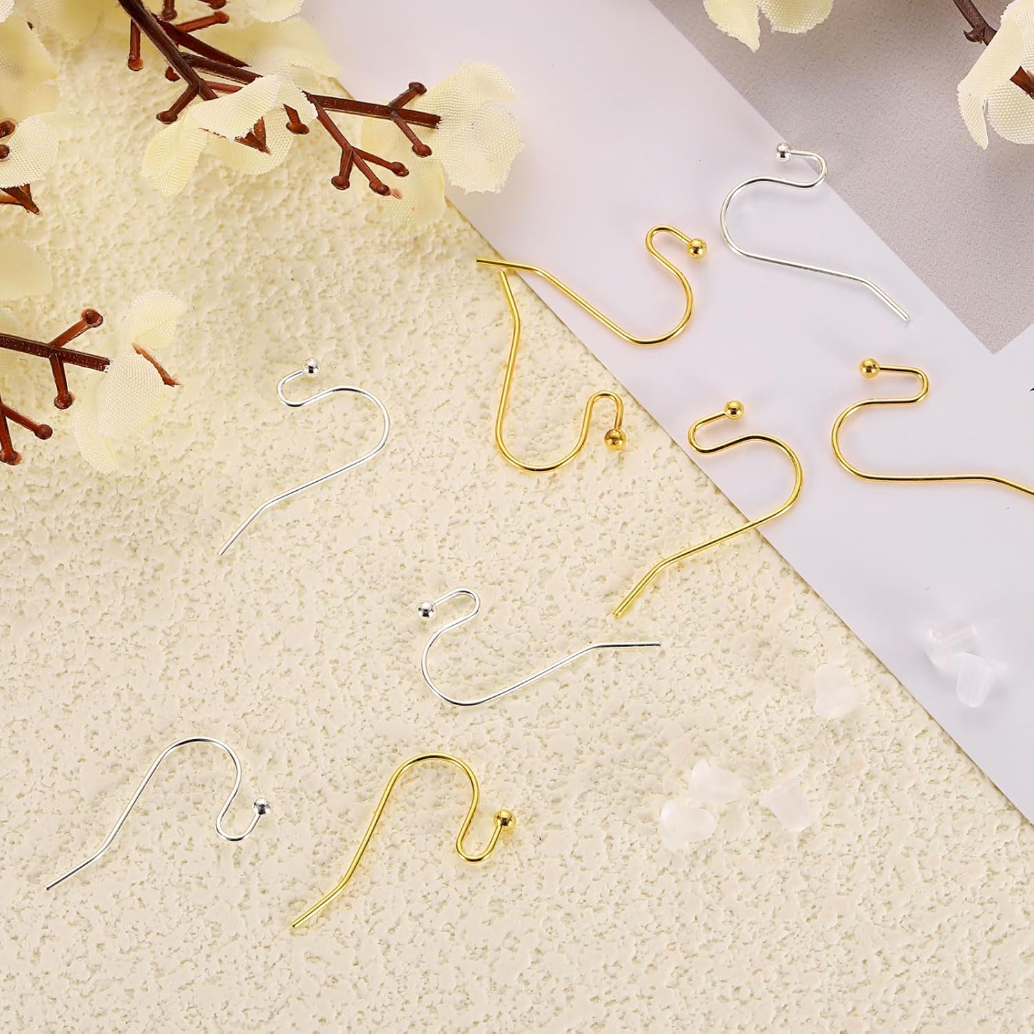 uxcell 160Pcs French Earring Hooks, 21 x 11mm Ball Dot Ear Wires Fish Hook Dangle Earring Findings with Clear Silicone Earring Backs for DIY Jewelry Making, Gold/Silver - Image 5