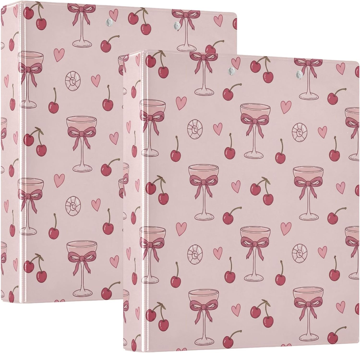Valentine's Day Bow Wine Glass 3 Ring Binders, 1.5” Round Ring Binders with Clipboard - Letter Size, 3 Interior PVC Clear Pockets & Anti-Slip Clip for Office School Supplies, 2PCS