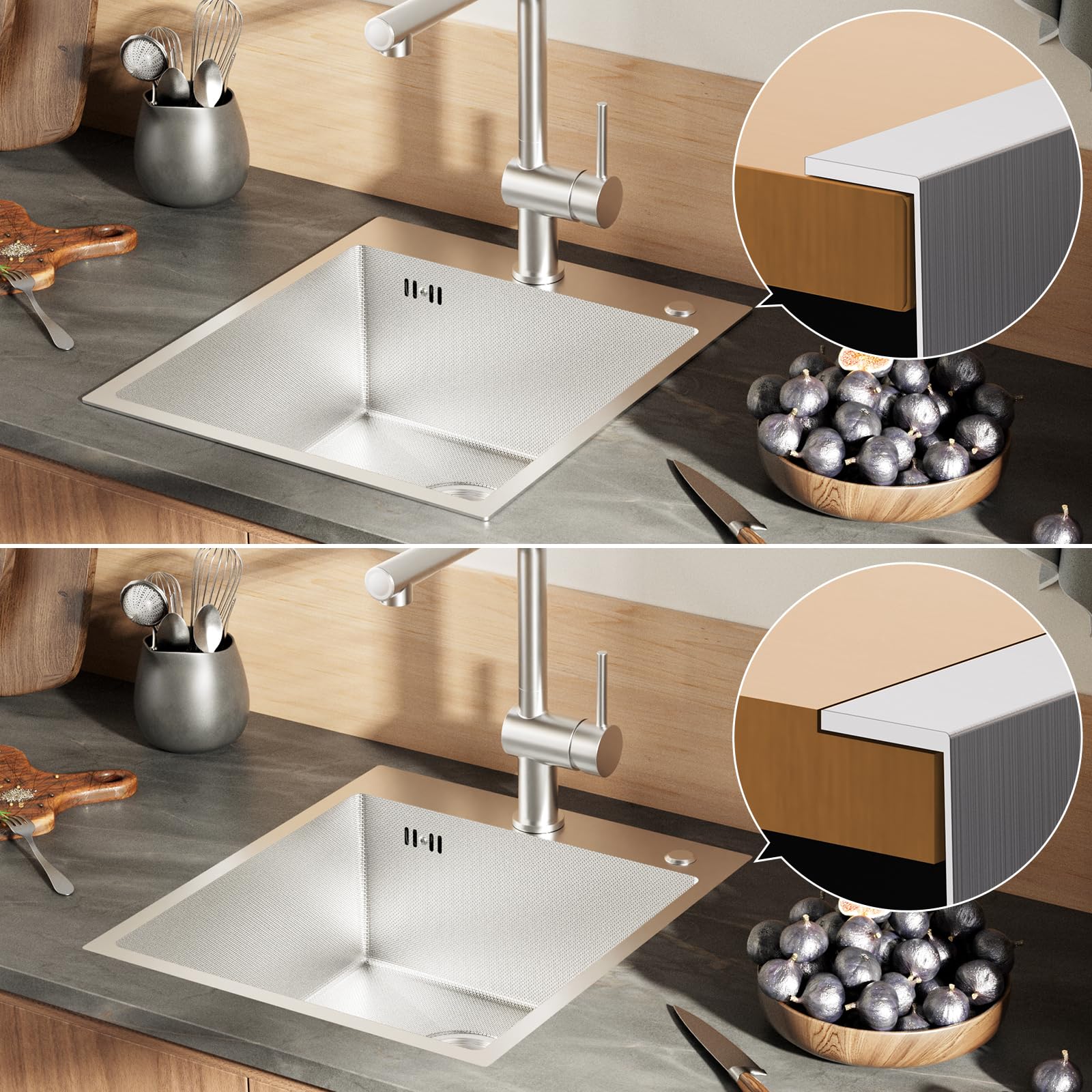 CECIPA 44x49 cm Lavello Cucina 1 Vasca in Acciaio Inox con Foro, Lavandino Cucina 1 Vasca per Mobile da 45cm, Lavello da Incasso o Banco con Sifone e Scarico